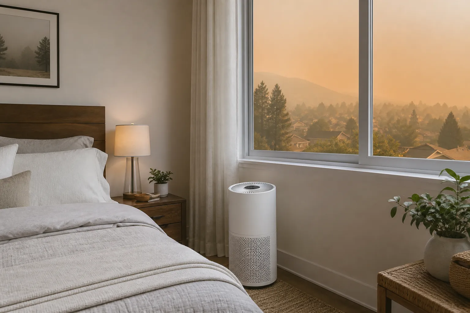 A tidy bedroom with a portable air purifier beside the bed and hazy smoke visible through a closed window