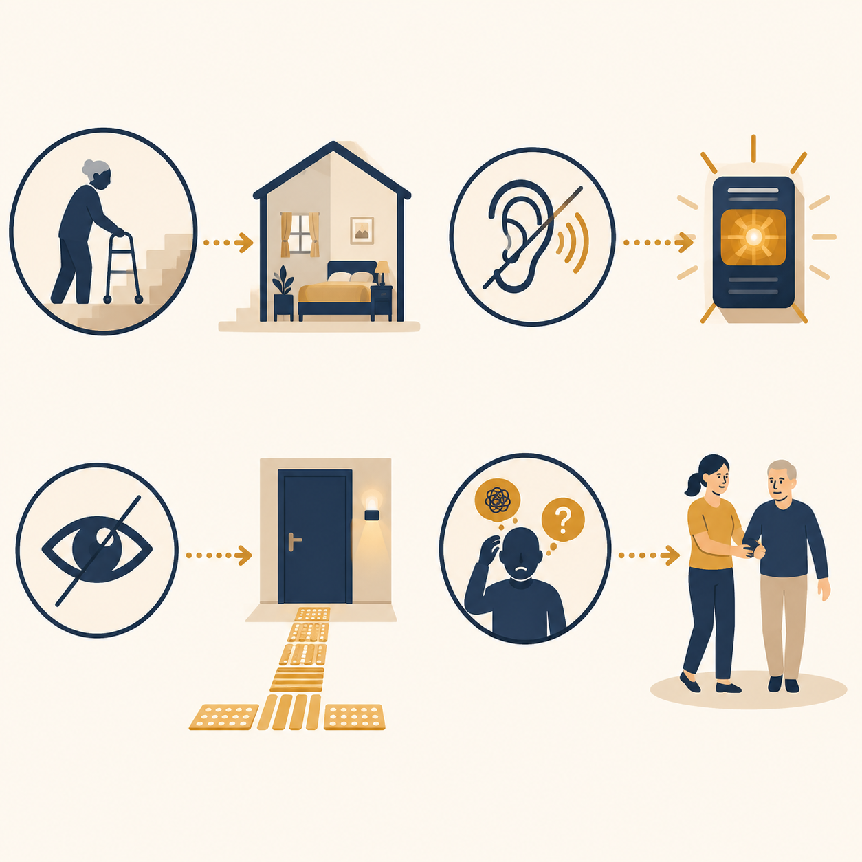 Four icons showing mobility, hearing, vision, and cognition adaptations for senior fire evacuation planning