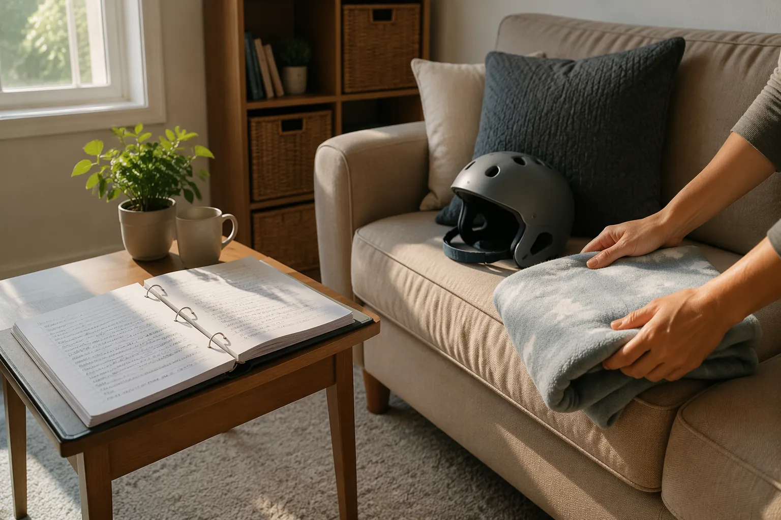 Open care binder, protective helmet, and folded blanket prepared in a home living room