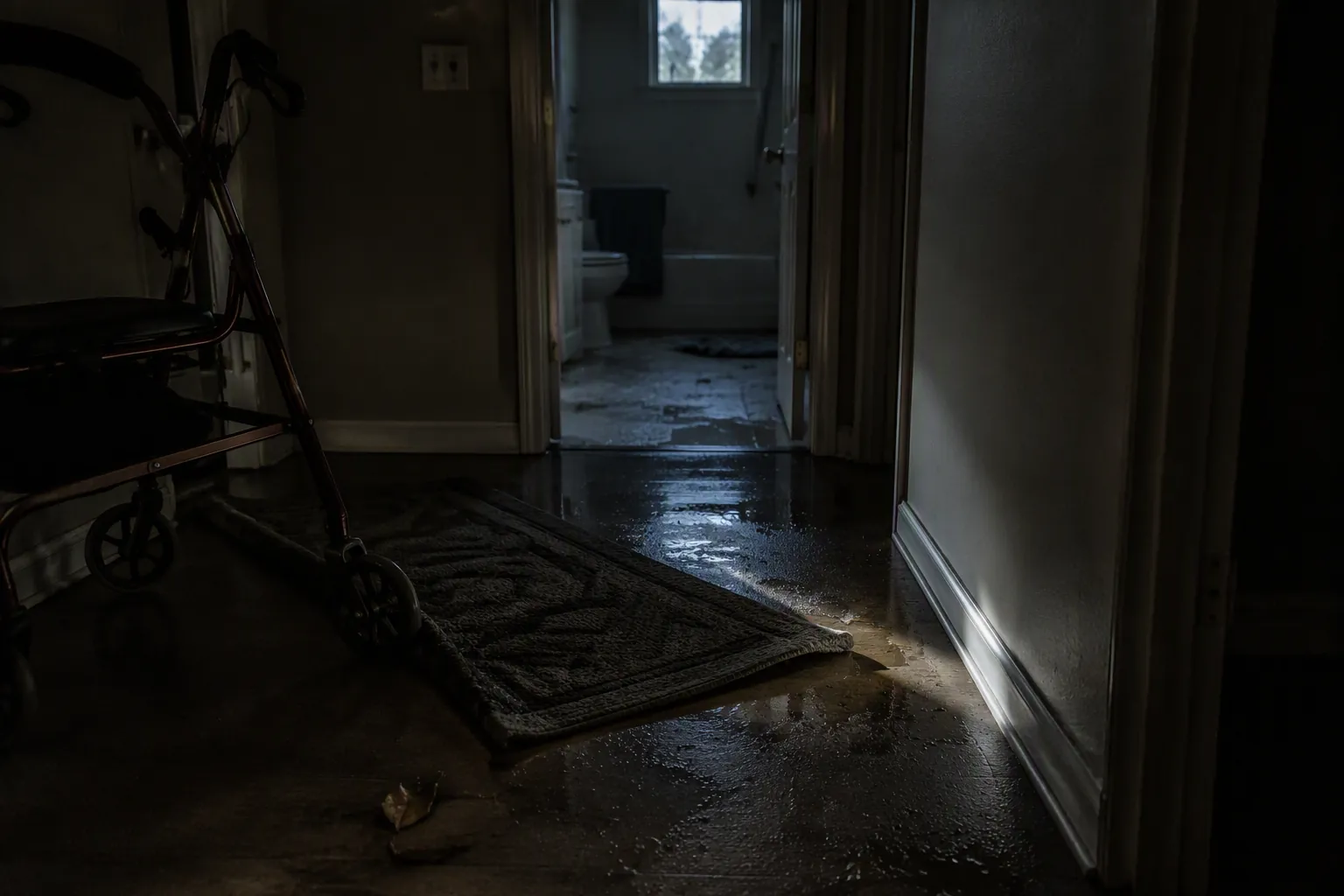 Dim hallway after a hurricane with wet flooring, debris, and a walker caught behind a fallen doormat