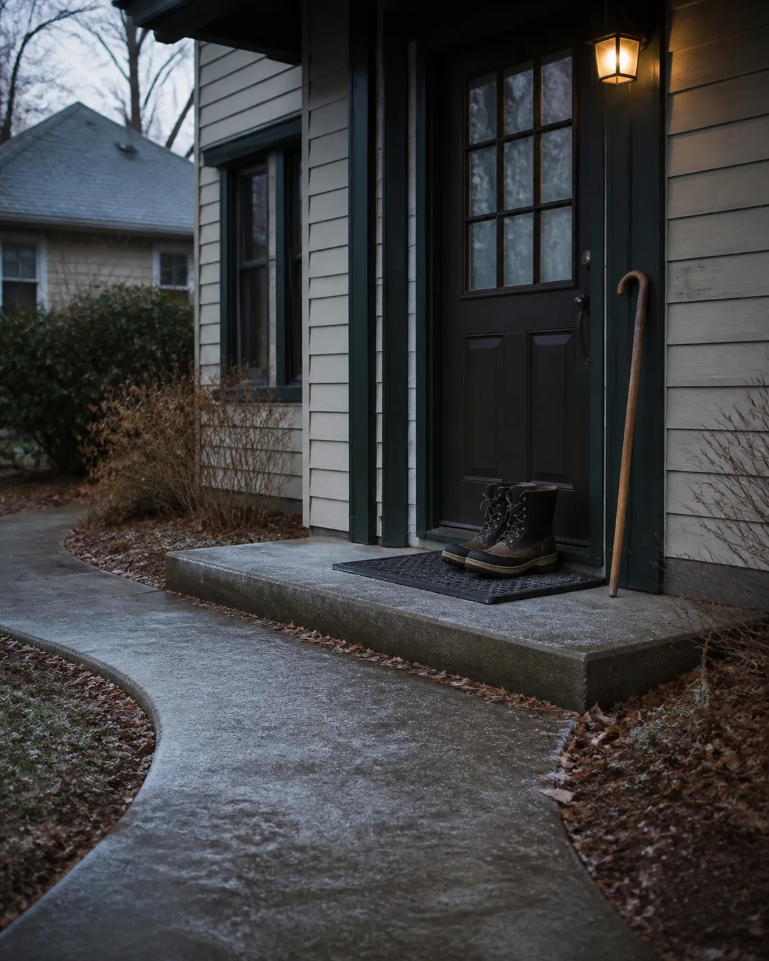 Early winter front entry with a shaded walkway, frosty step, cane, winter boots, and porch light