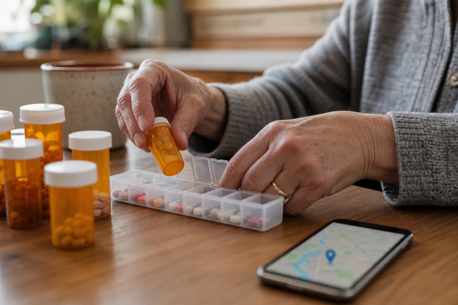 Older adult sorting prescription bottles into a weekly pill organizer beside a smartphone map