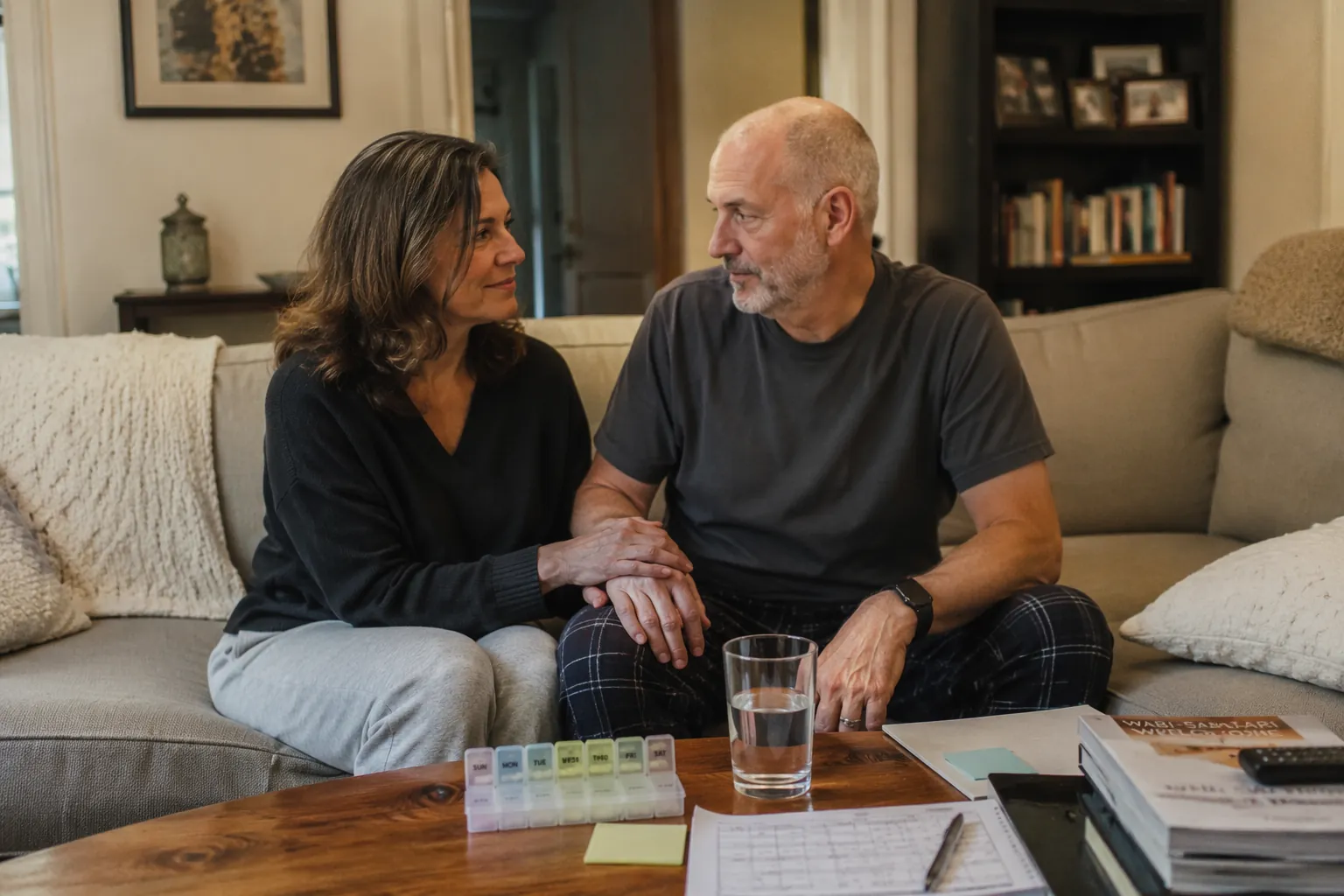 A couple sitting together in a living room with a pill organizer and written schedule on the coffee table