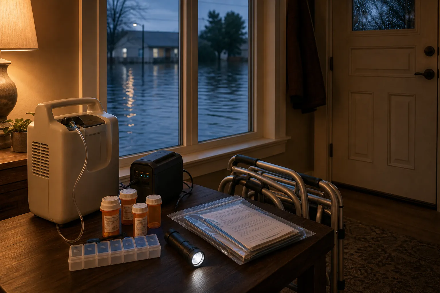 Caregiver flood-preparation station with medications, walker, oxygen concentrator, flashlight, and documents near a front door while floodwater rises outside