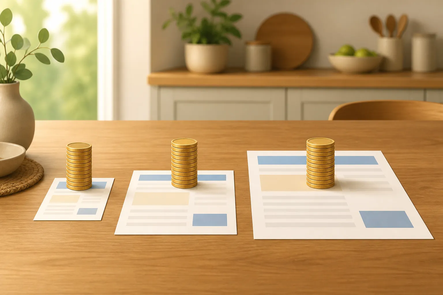 Three benefit statements on a kitchen table with equal-height coin stacks above them