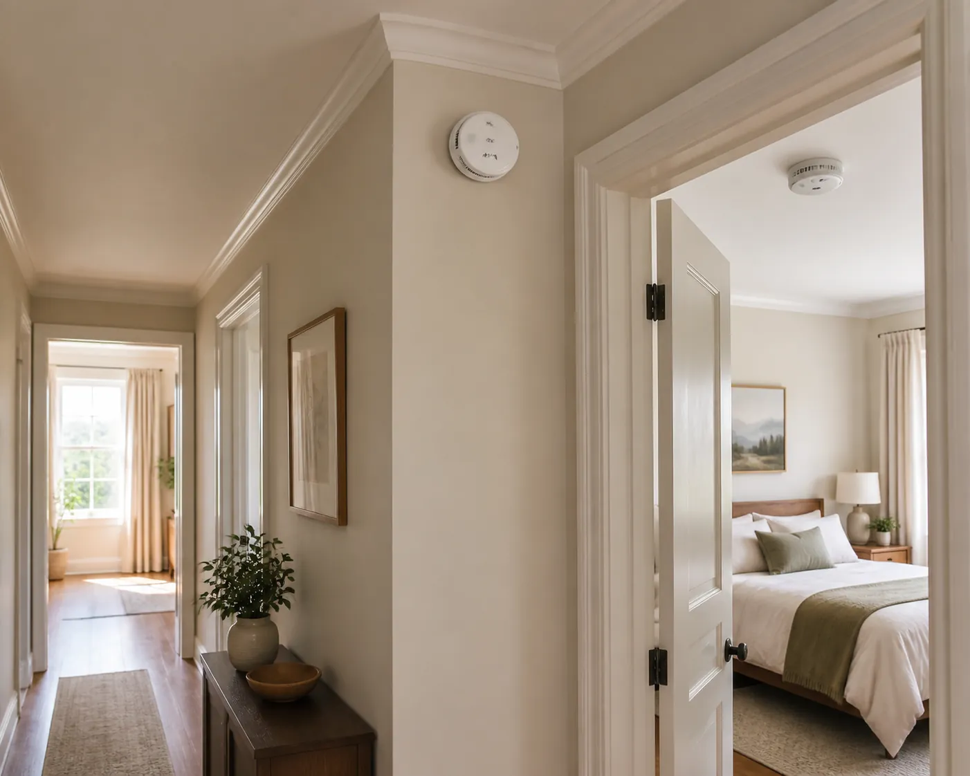 Smoke alarms positioned high on a hallway wall and on the ceiling inside a bedroom