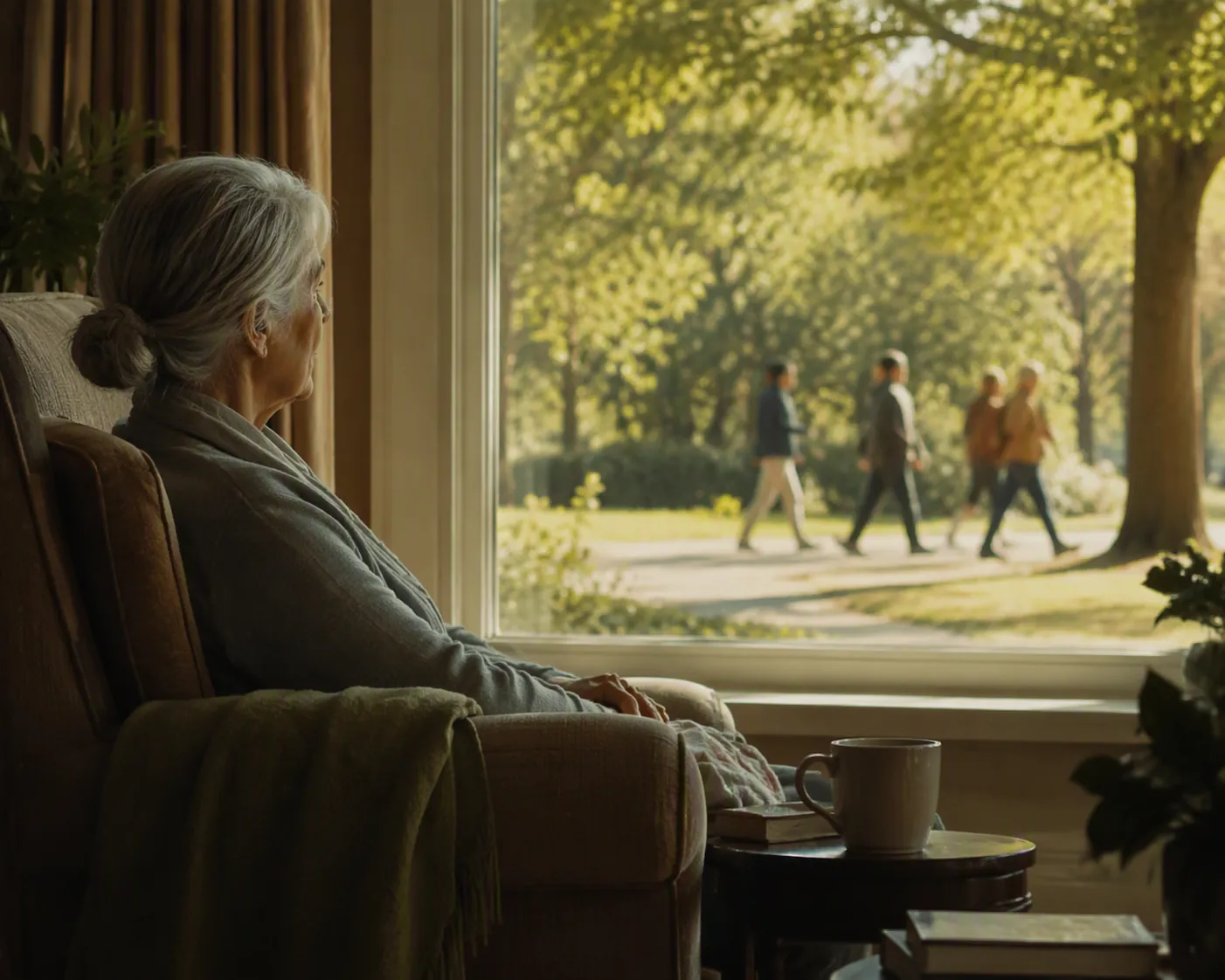 Older woman sitting by a window looking out toward people walking together in a park