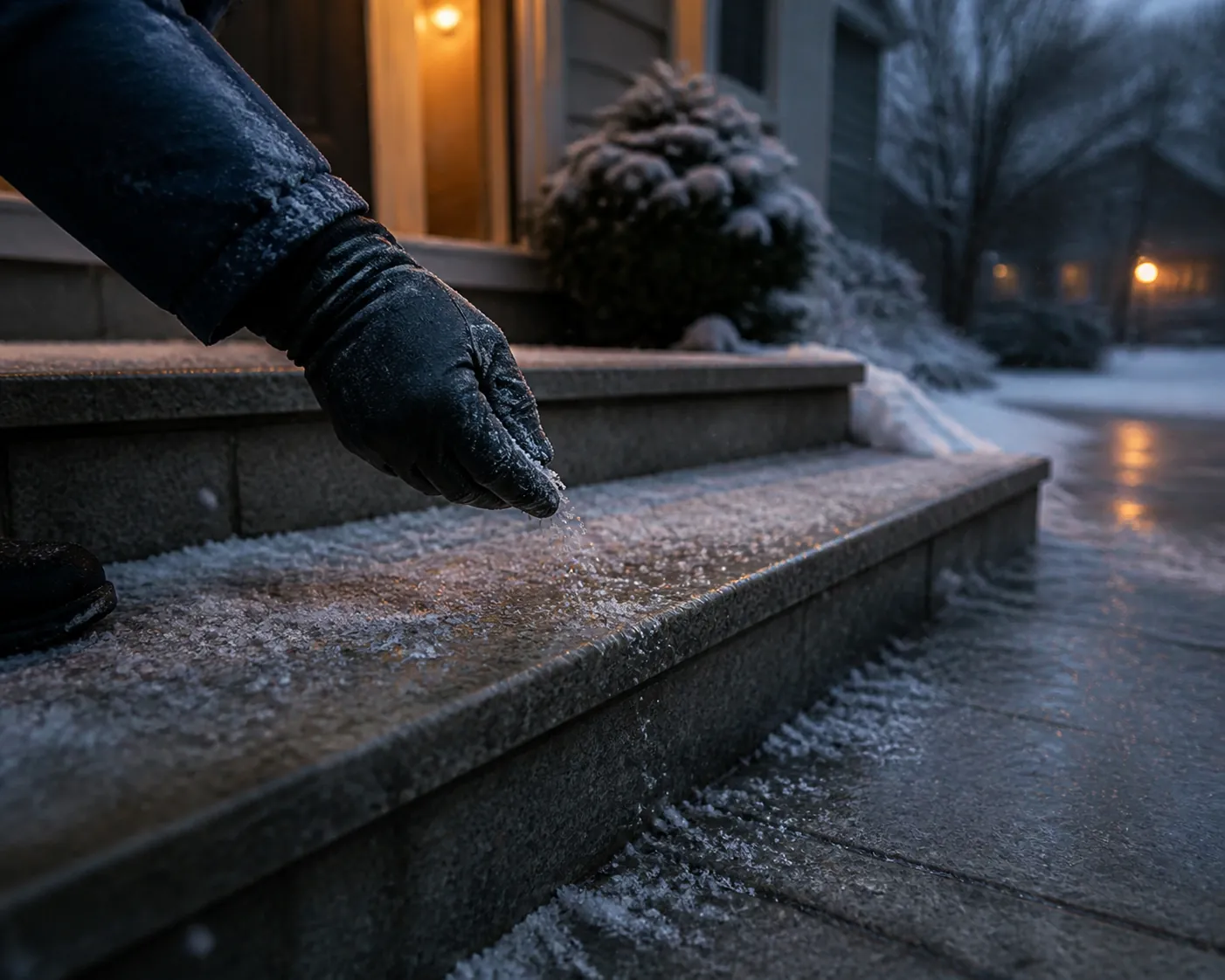 A gloved hand spreading salt on icy front steps and a walkway at dusk