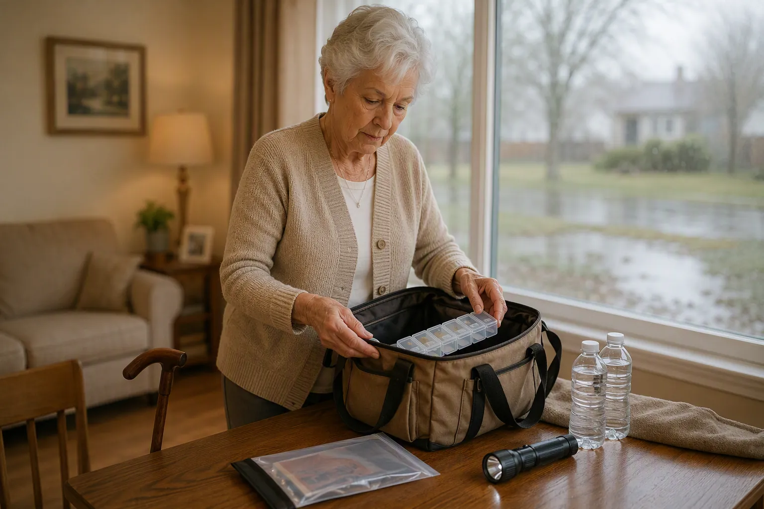 Older woman checking a staged flood go-bag, pill organizer, waterproof document pouch, flashlight, bottled water, and cane near a rainy window