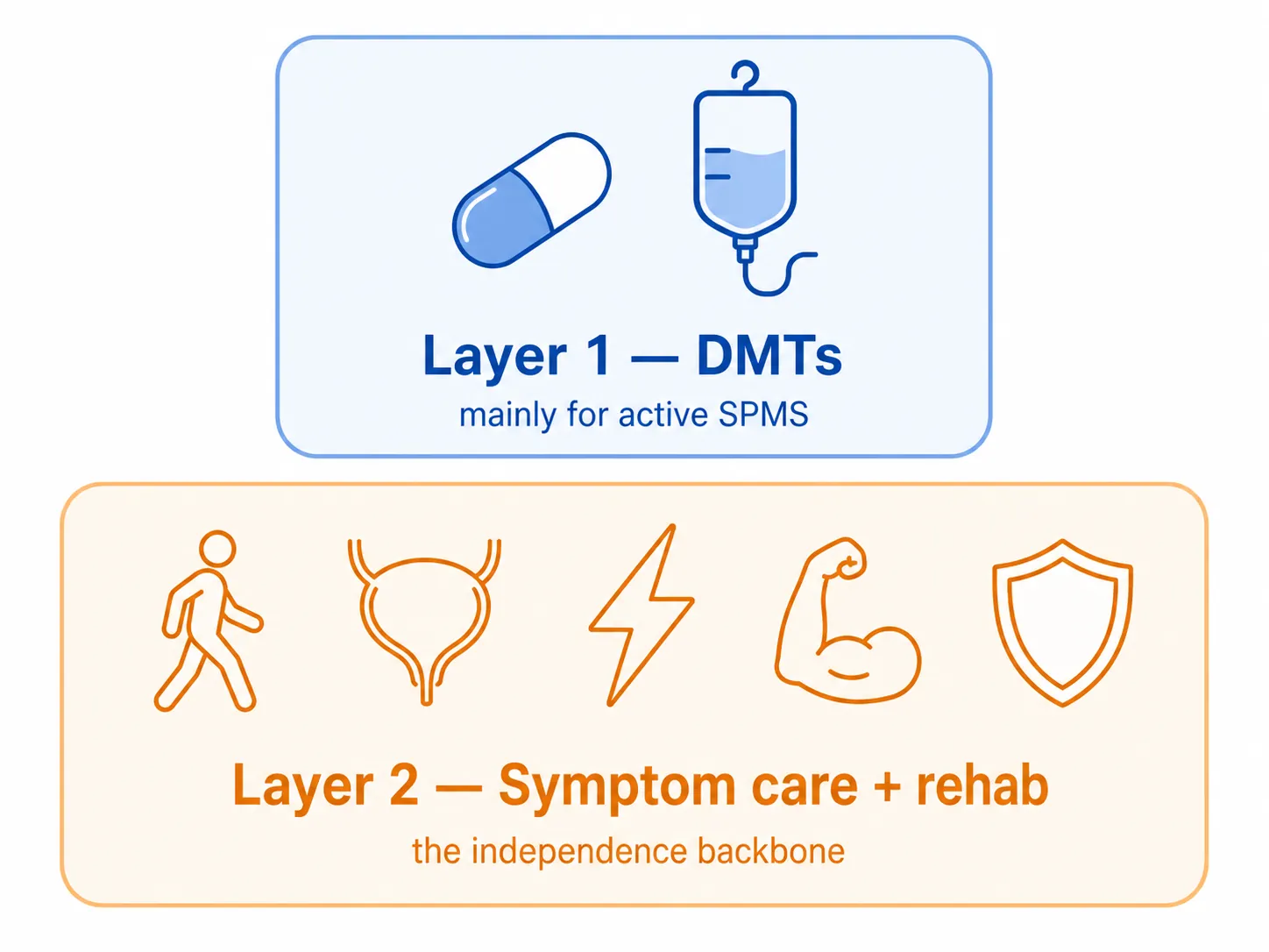 Two-layer SPMS treatment map showing DMTs for active SPMS and symptom care plus rehabilitation as the independence backbone