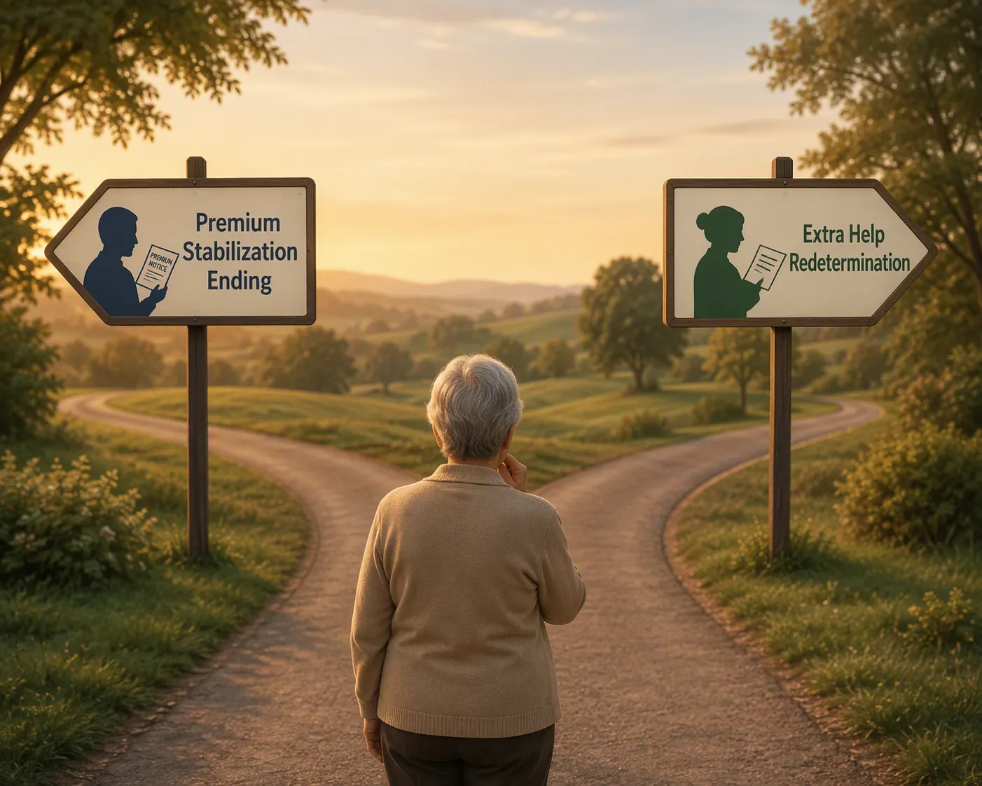 A person facing two diverging paths, one for premium changes and one for redetermination notices