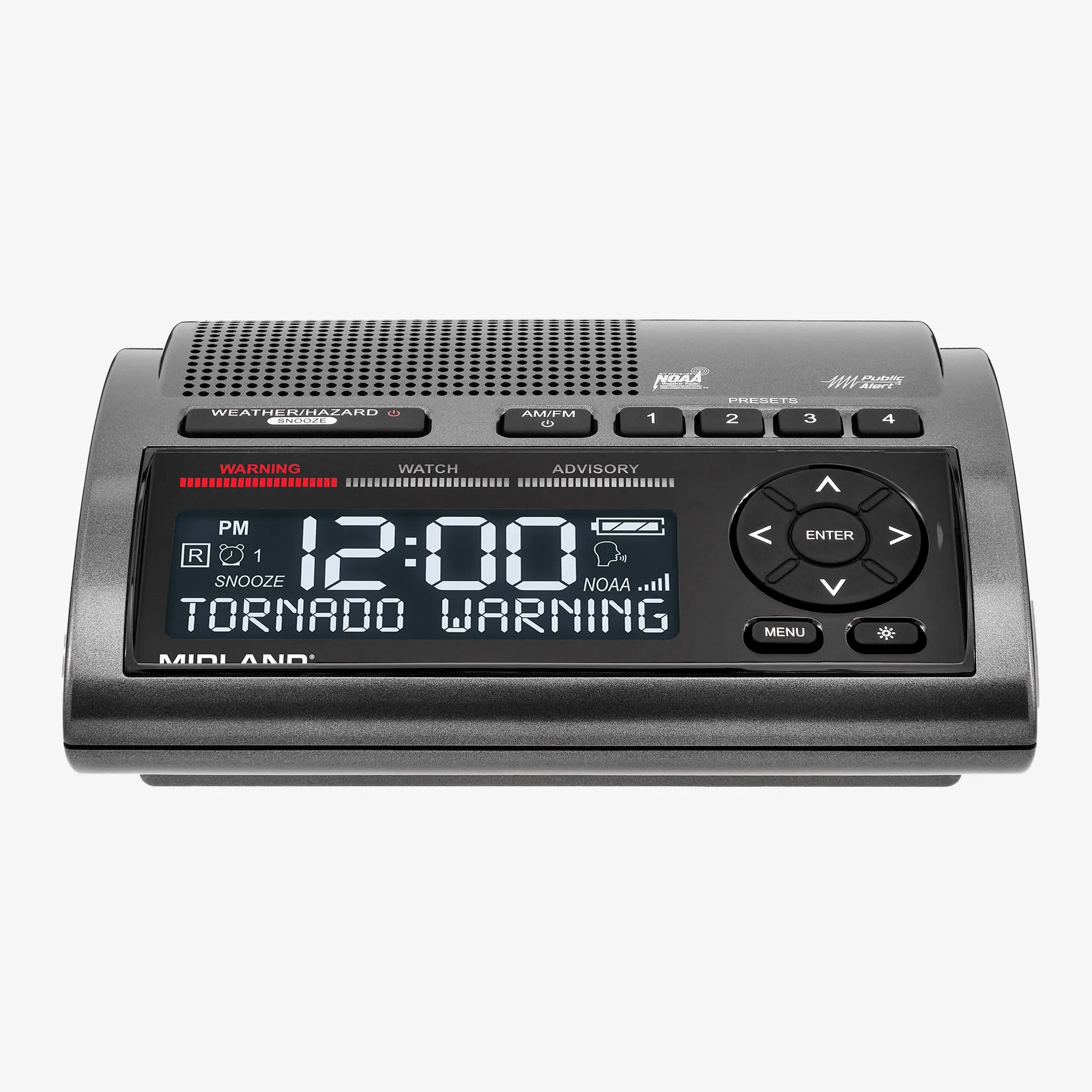 Front view of a Midland WR400 NOAA Weather Alert Radio with SAME technology