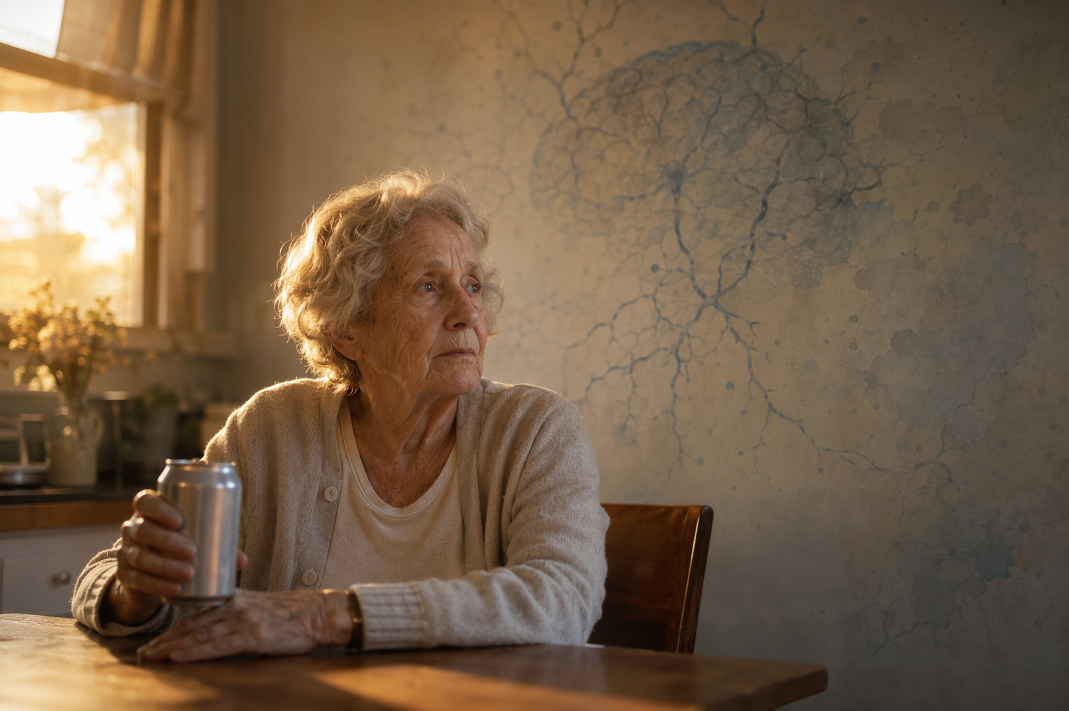 An older woman holding a can of diet soda at a kitchen table with faint neural patterns behind her