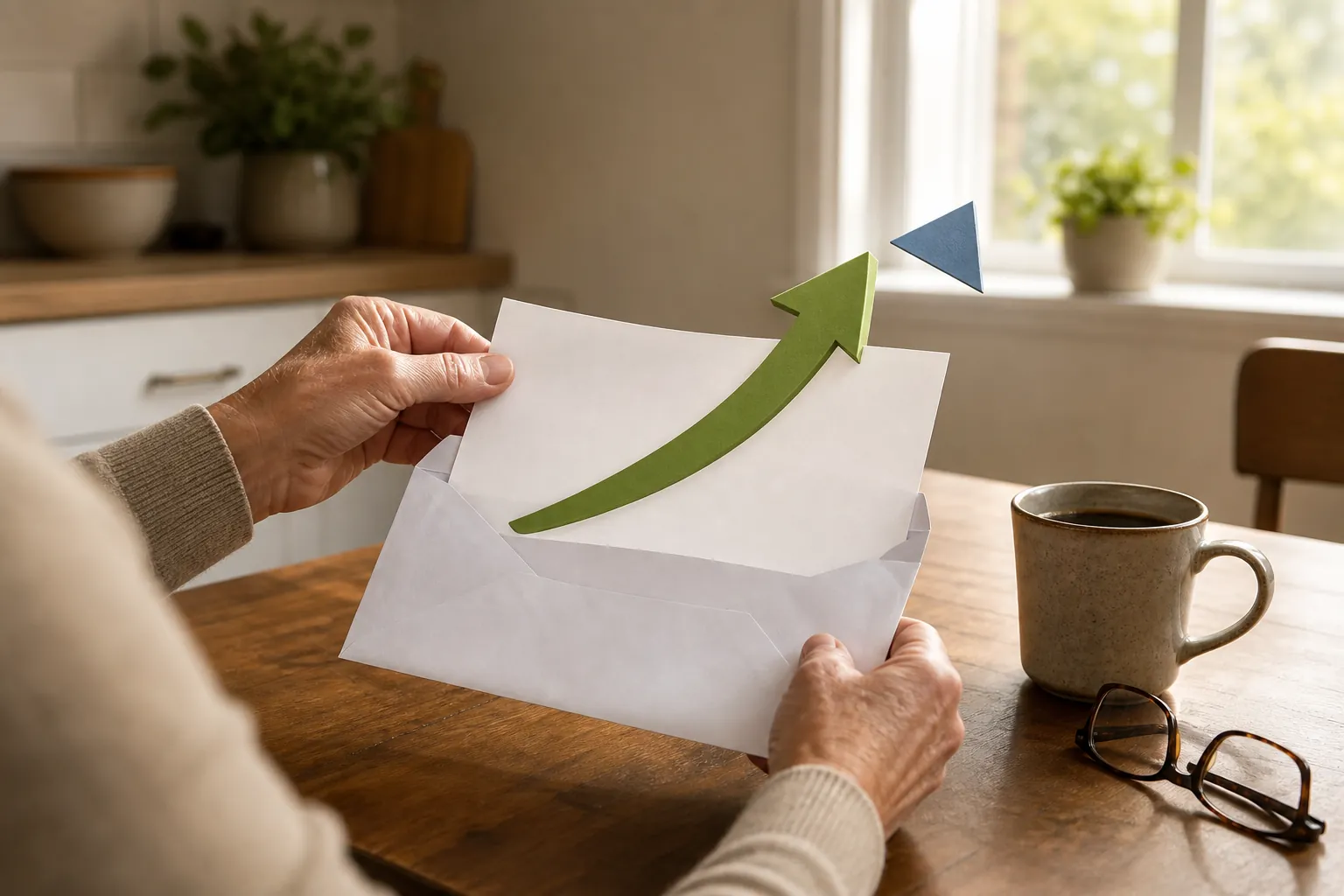 Hands opening a mailed benefit statement at a kitchen table with a visual cue showing a deduction trimming part of an increase