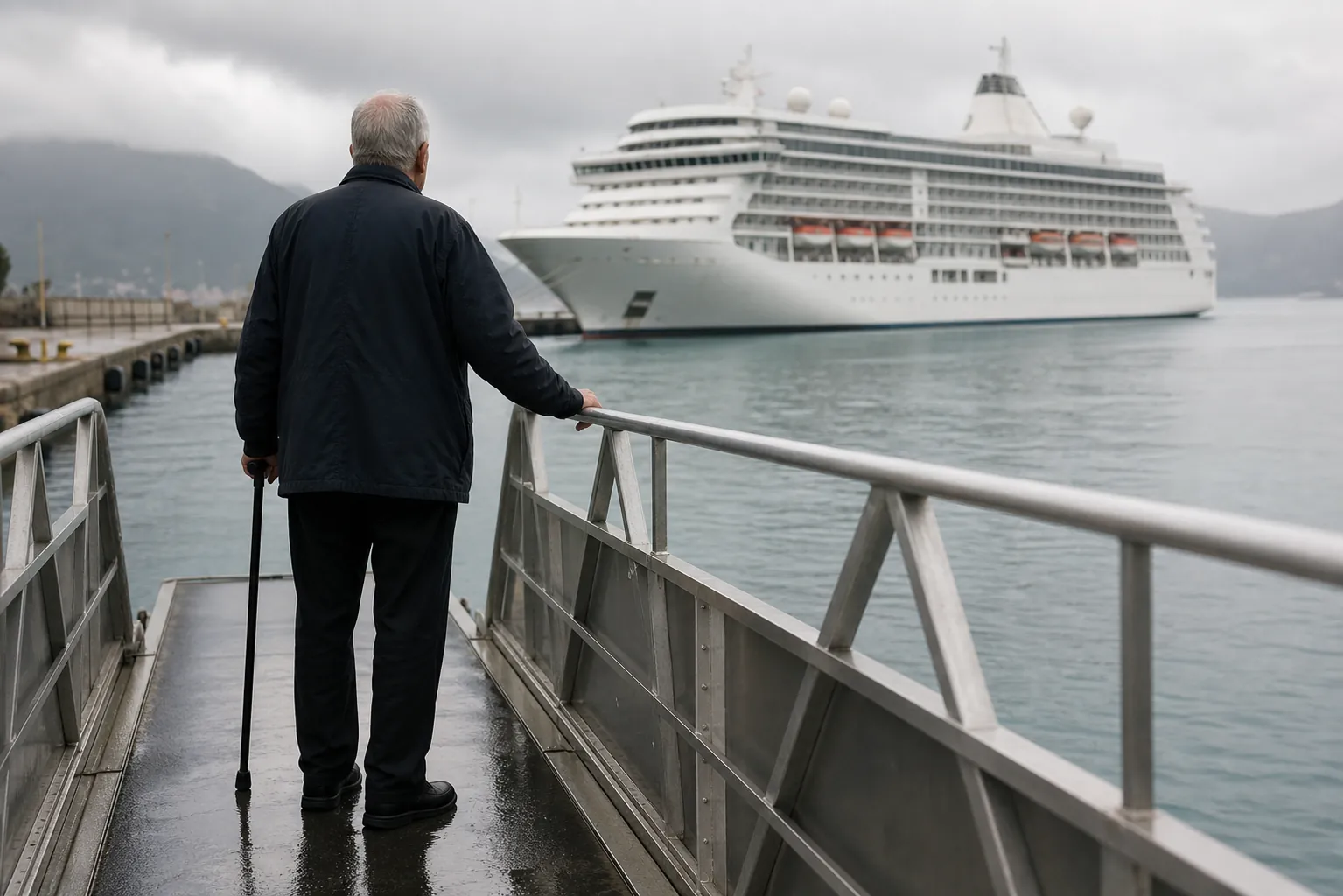 Older adult with a cane pausing at a wet cruise ship gangway before boarding