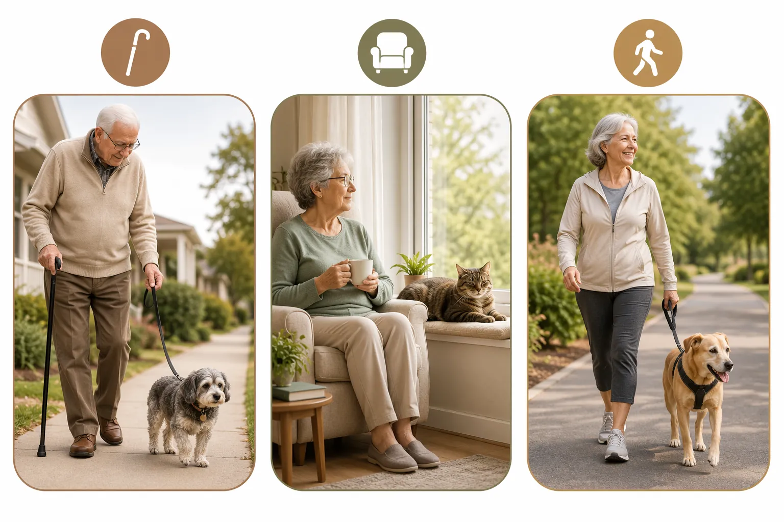 Illustration comparing senior-pet matches for a cane user, a seated cat owner, and an active dog walker
