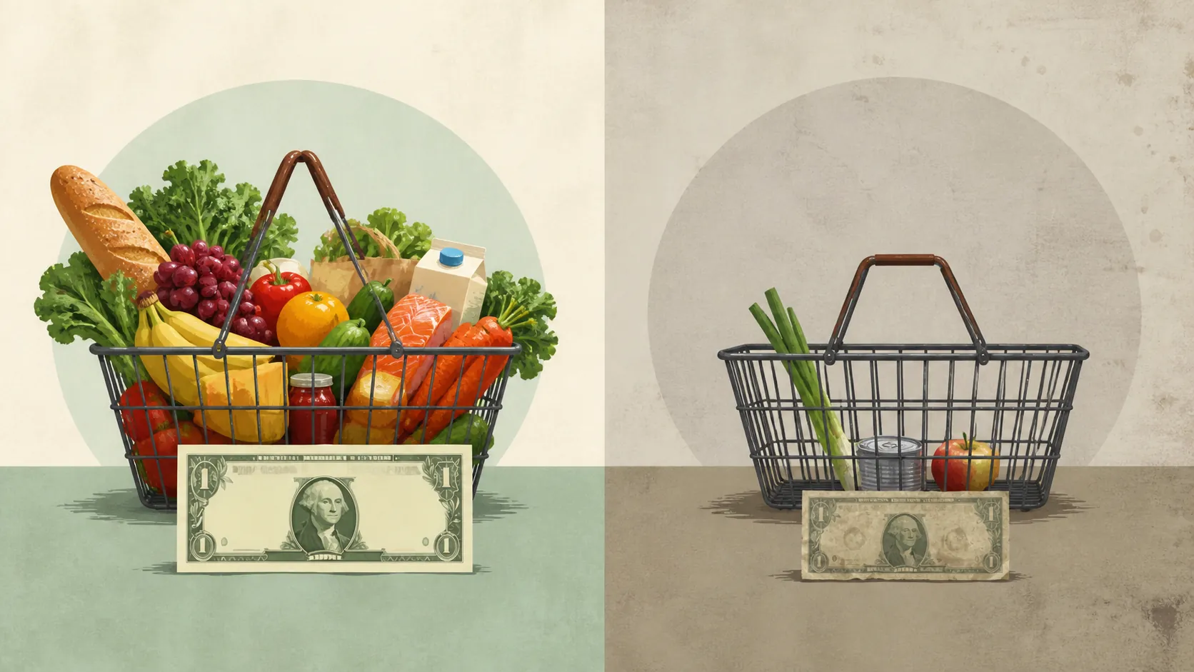 Full grocery basket contrasted with a sparse basket showing reduced buying power