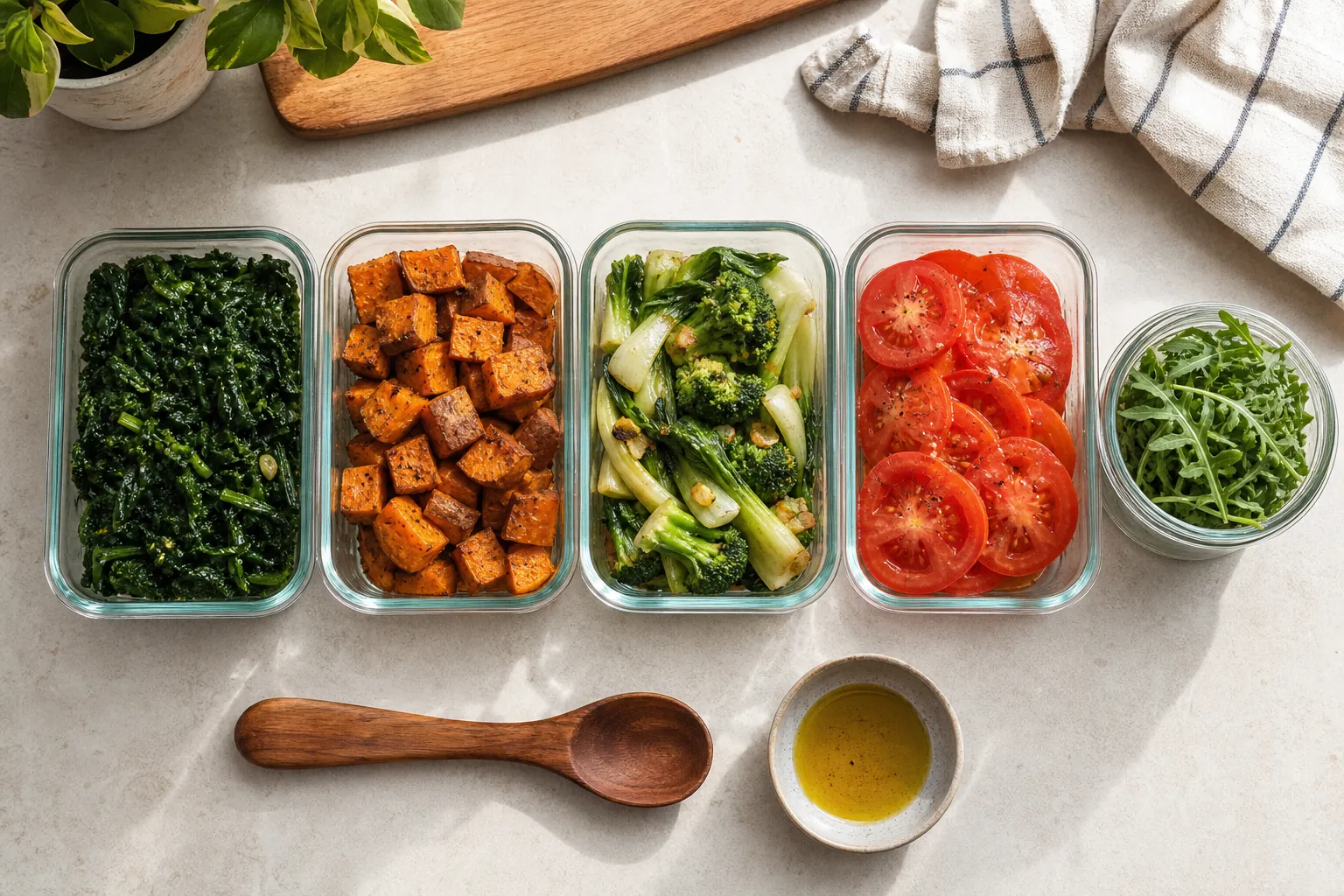 Meal-prep containers with cooked greens, sweet potatoes, bok choy, broccoli, tomatoes, and arugula
