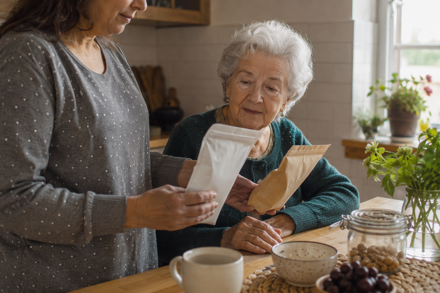 Middle-aged caregiver comparing sugar-free food packages with an older woman seated nearby in a warm kitchen