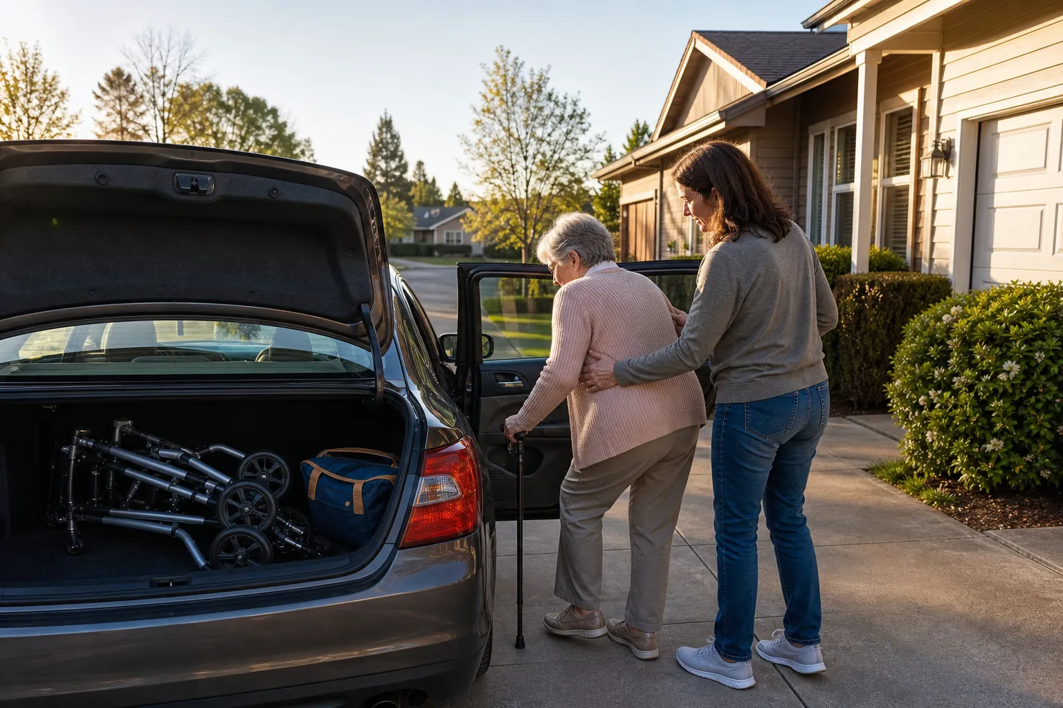 Adult child helping an older adult with a walker into a car on a clear driveway before smoke or urgency appears