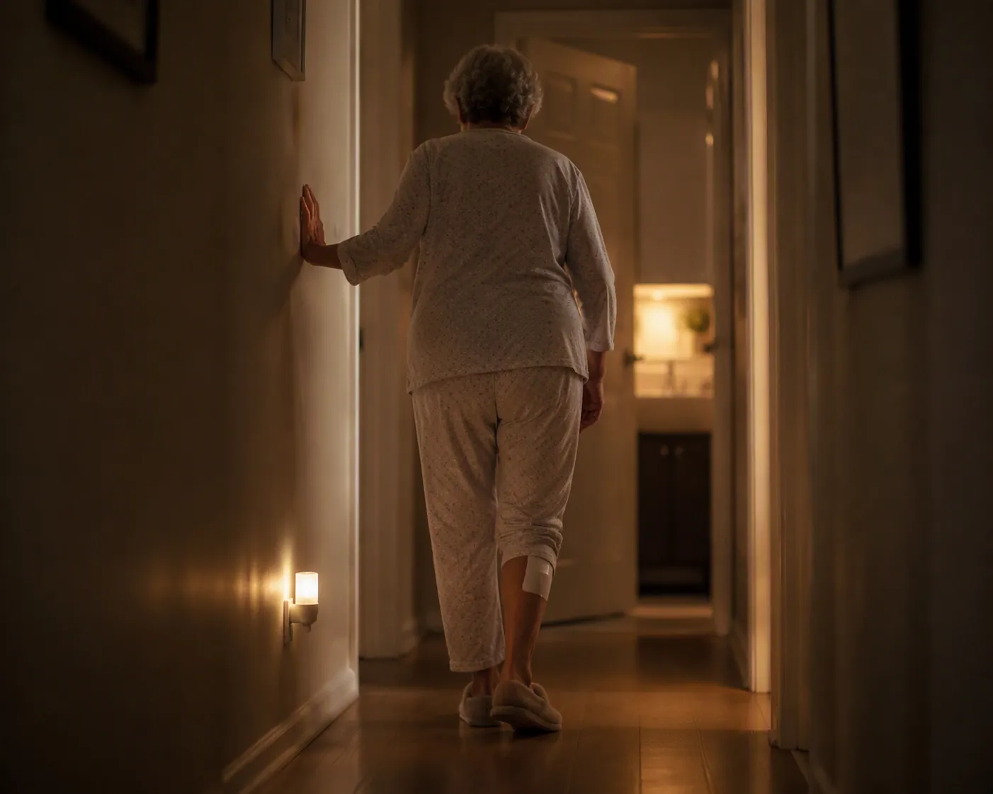 Older adult walking carefully toward a bathroom at night with a bandage on the lower leg