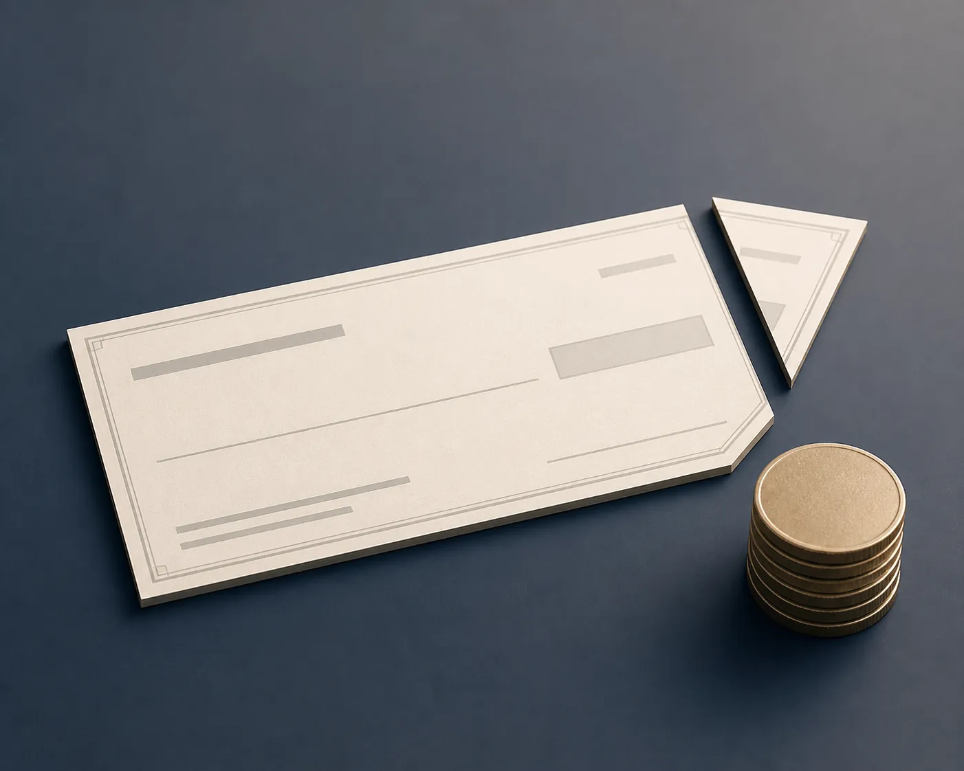 A blank benefit check with a small separated corner and coins beside it