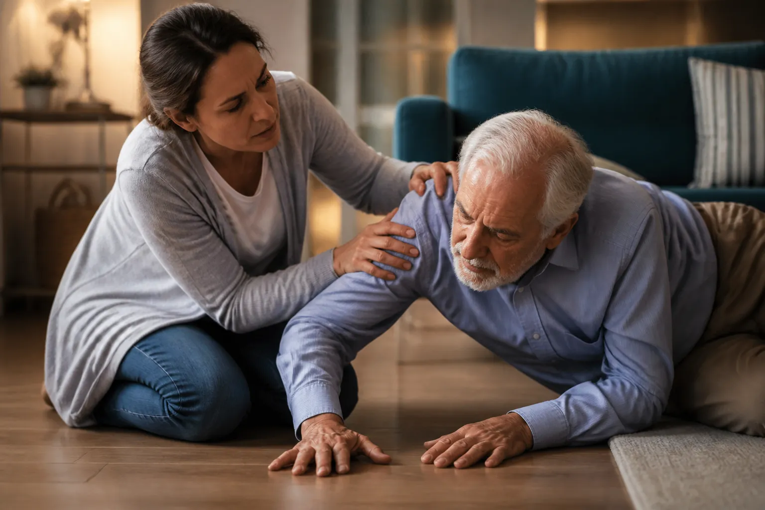 Adult daughter kneeling beside her elderly father after a fall at home