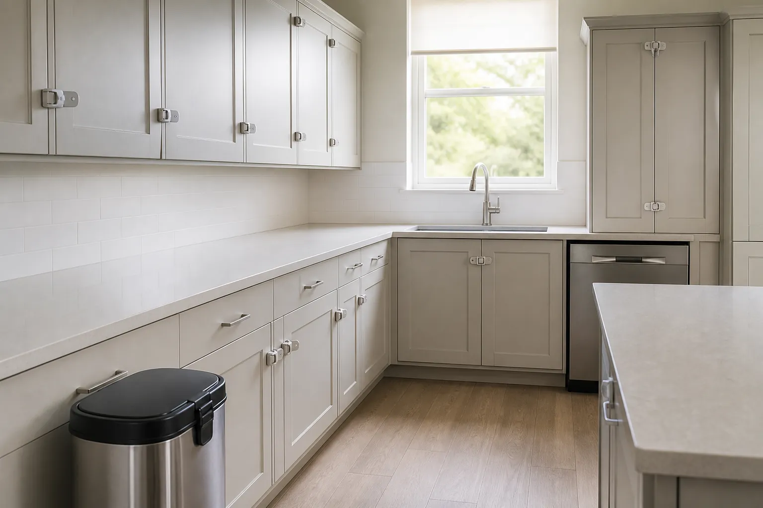 Safety-adapted kitchen with cleared counters, latched cabinets, locked cleaning products, and secure trash bin