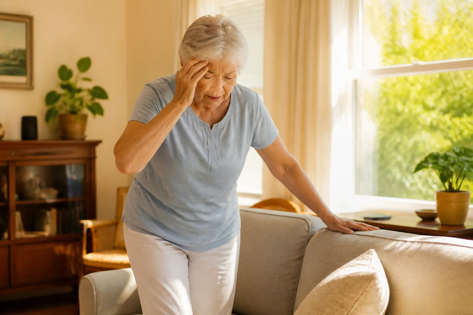 Older adult standing from an armchair in a warm sunlit living room and steadying themselves on a sofa