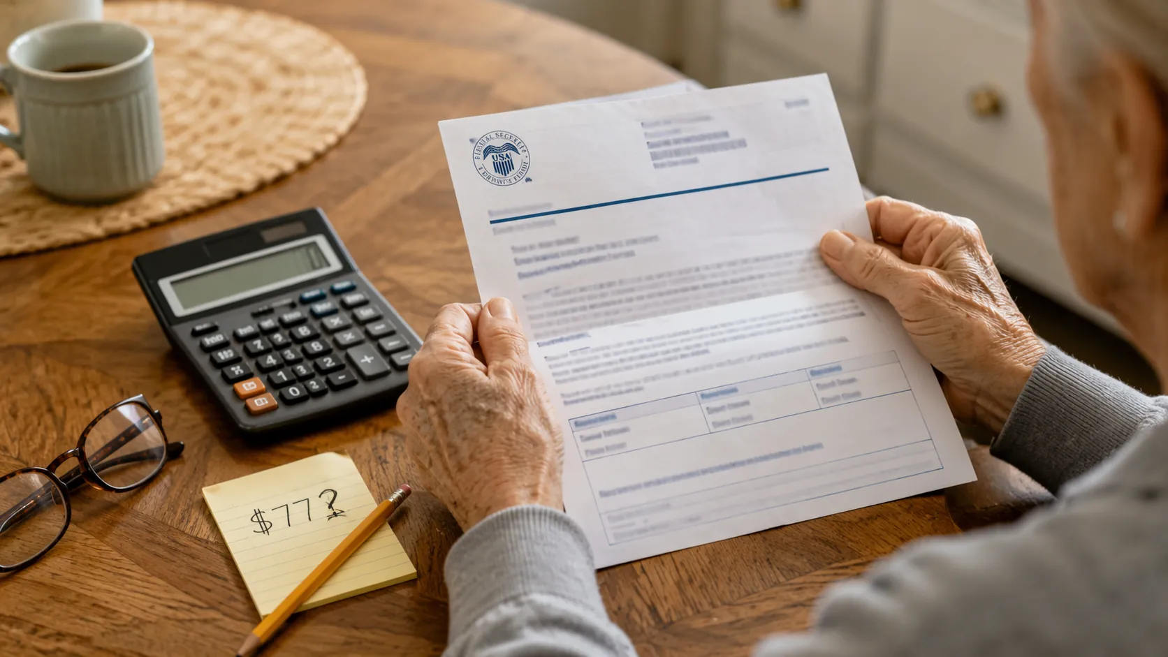 Senior hands holding a Social Security letter beside a calculator and a note marked $77?