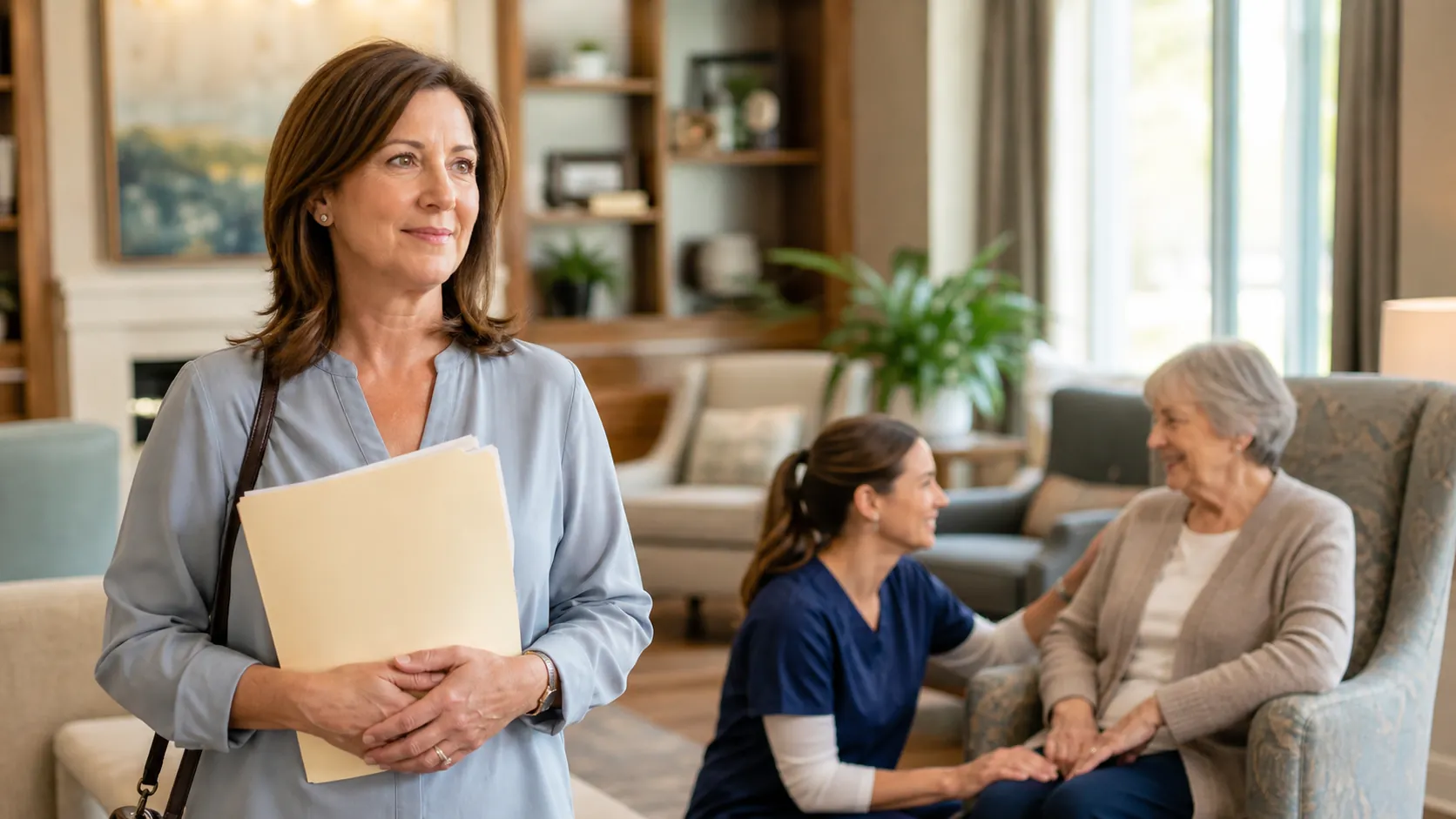 Adult daughter holding a folder during a memory care tour while a caregiver speaks warmly with a resident