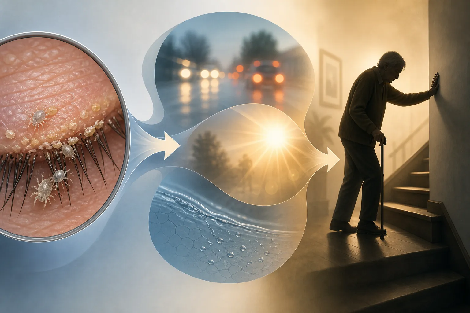 Illustration showing Demodex eyelid irritation leading to blurred vision and an older person steadying themselves near stairs