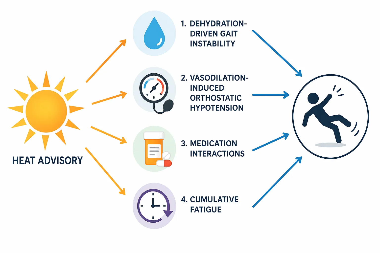 Diagram showing heat advisory pathways to fall risk through dehydration, blood pressure changes, medication interactions, and fatigue