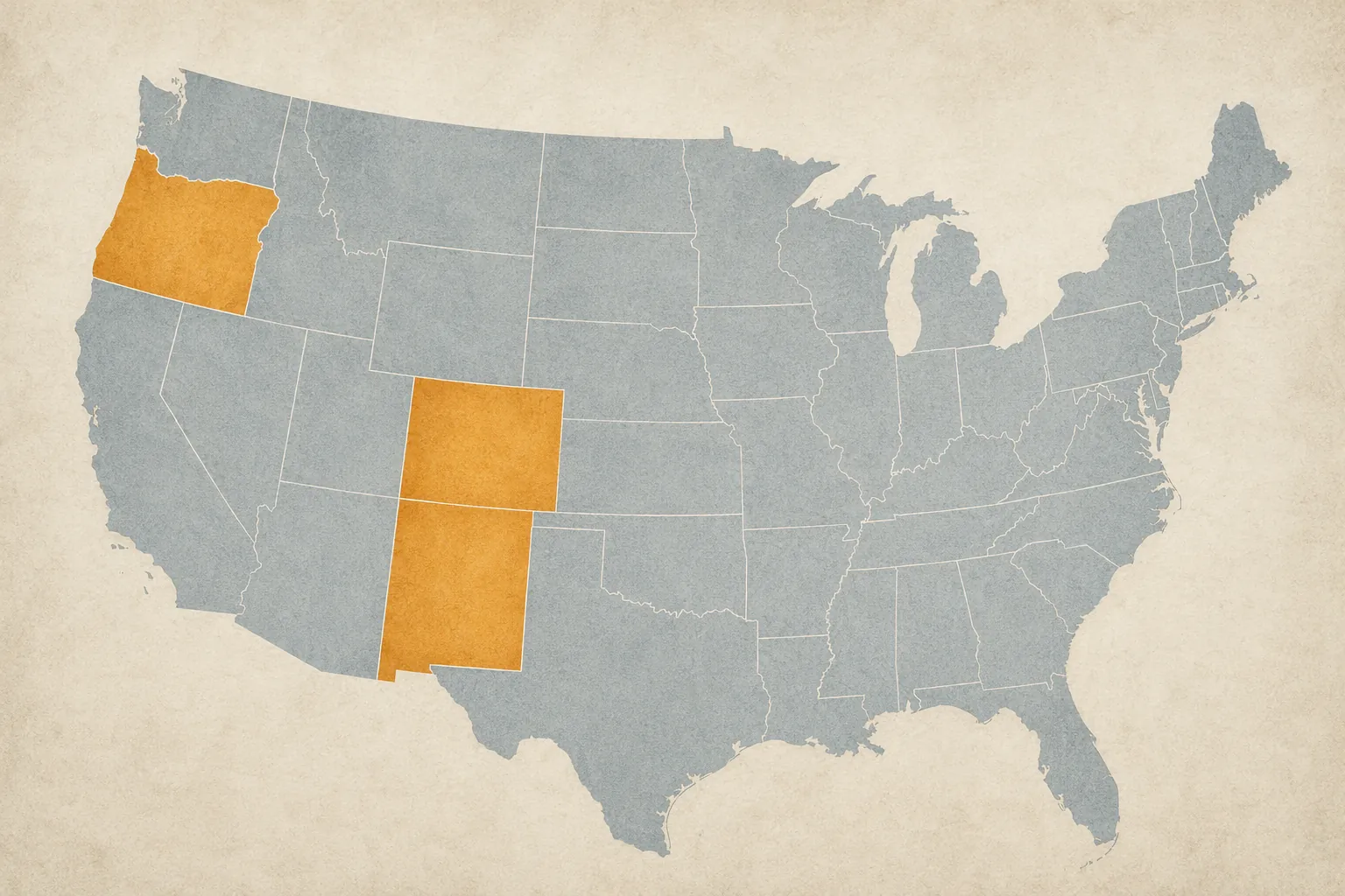 Simplified United States map highlighting Oregon, Colorado, and New Mexico