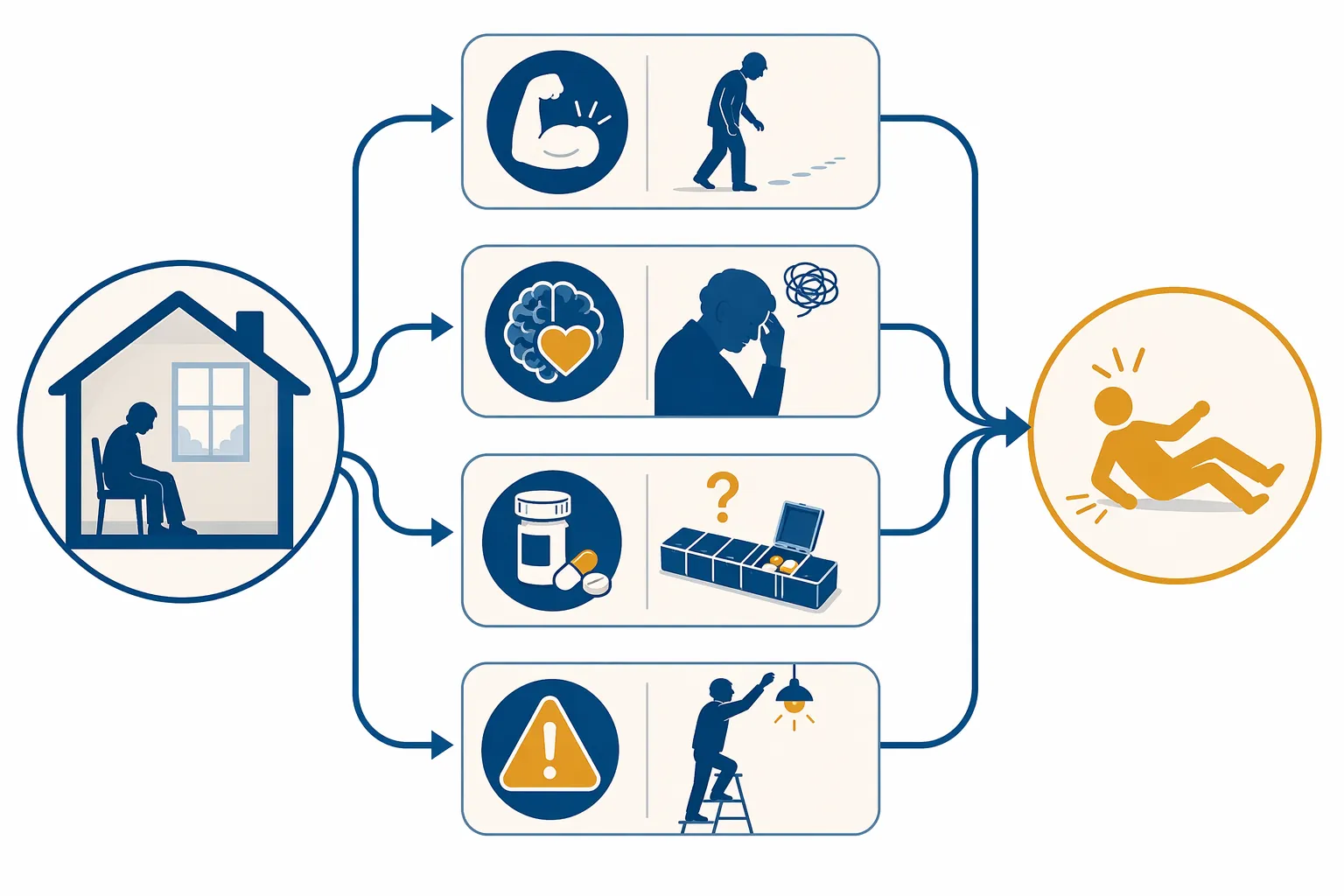 Flow diagram showing four pathways from loneliness to fall risk