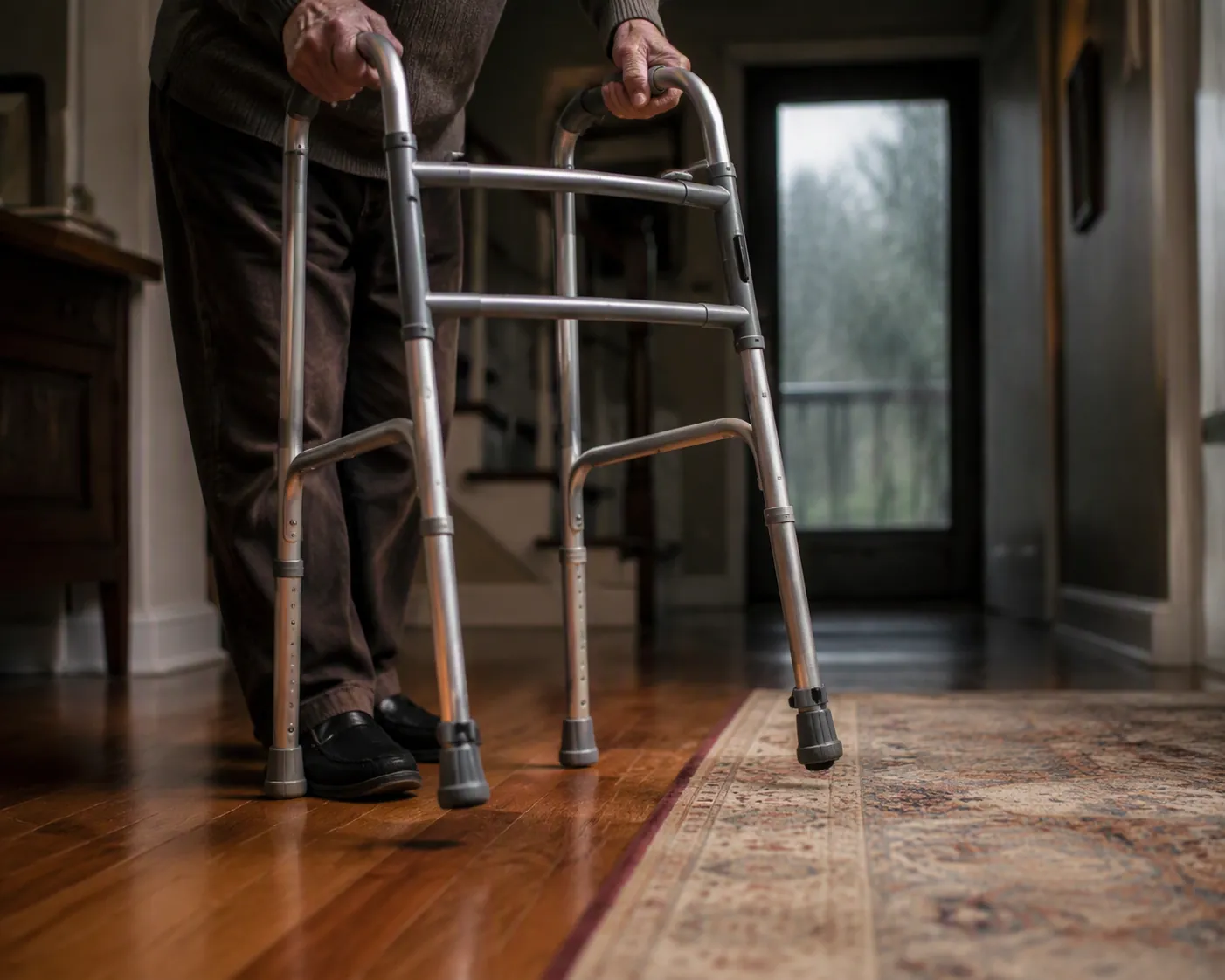 Hands carefully lift a walker over the edge of a small rug on a hardwood floor