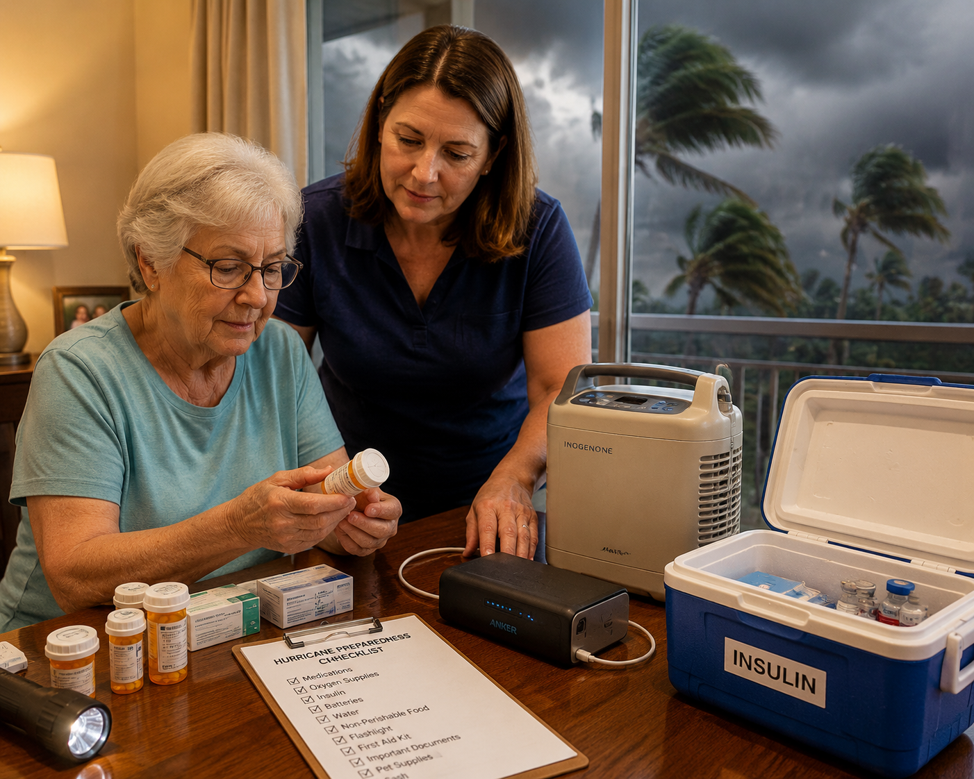Caregiver and older adult organizing prescriptions, oxygen equipment, a cooler, batteries, and a hurricane checklist at home