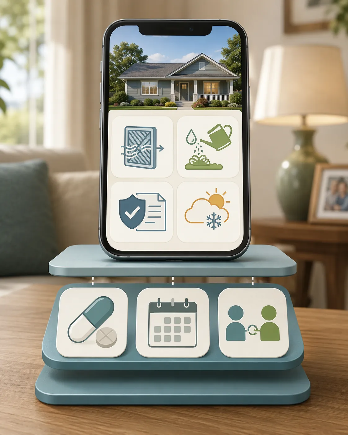 Layered smartphone toolkit showing home maintenance, medication, calendar, and caregiver coordination apps