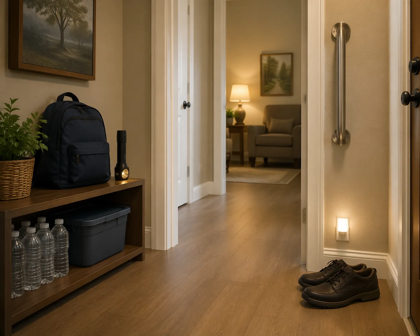 Clear hallway with nightlight, grab bar, emergency supplies at waist height, and sturdy shoes by the door