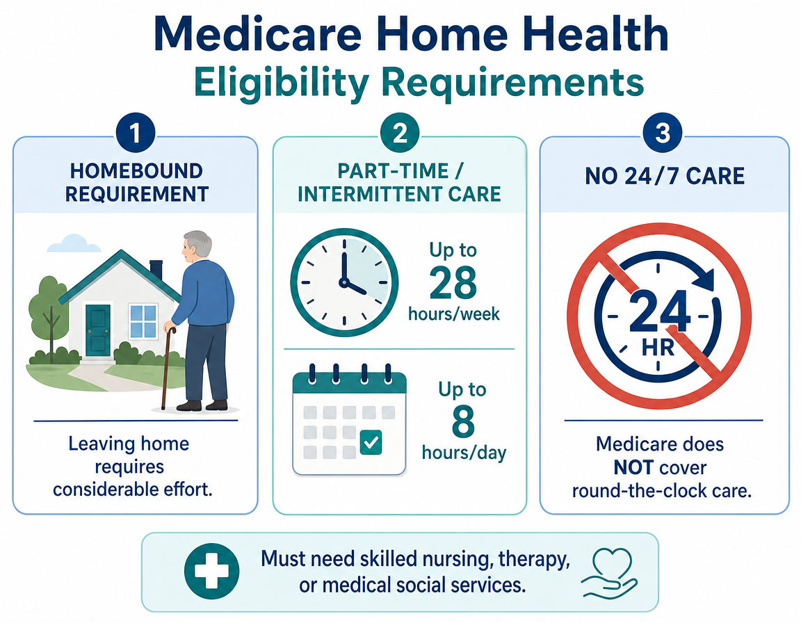 Three-panel Medicare home health eligibility infographic: Panel 1 shows a house icon with 'Homebound Requirement — leaving home requires considerable effort,' Panel 2 shows a clock and calendar with 'Part-Time / Intermittent — up to 28 hours/week,' and Panel 3 shows a stop symbol over a 24-hour clock with 'No 24/7 Care.'