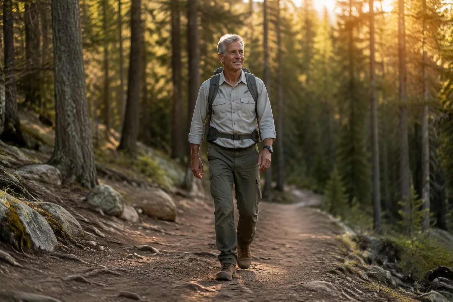 Senior hiker walking down the center of a forest trail in long sleeves and long pants