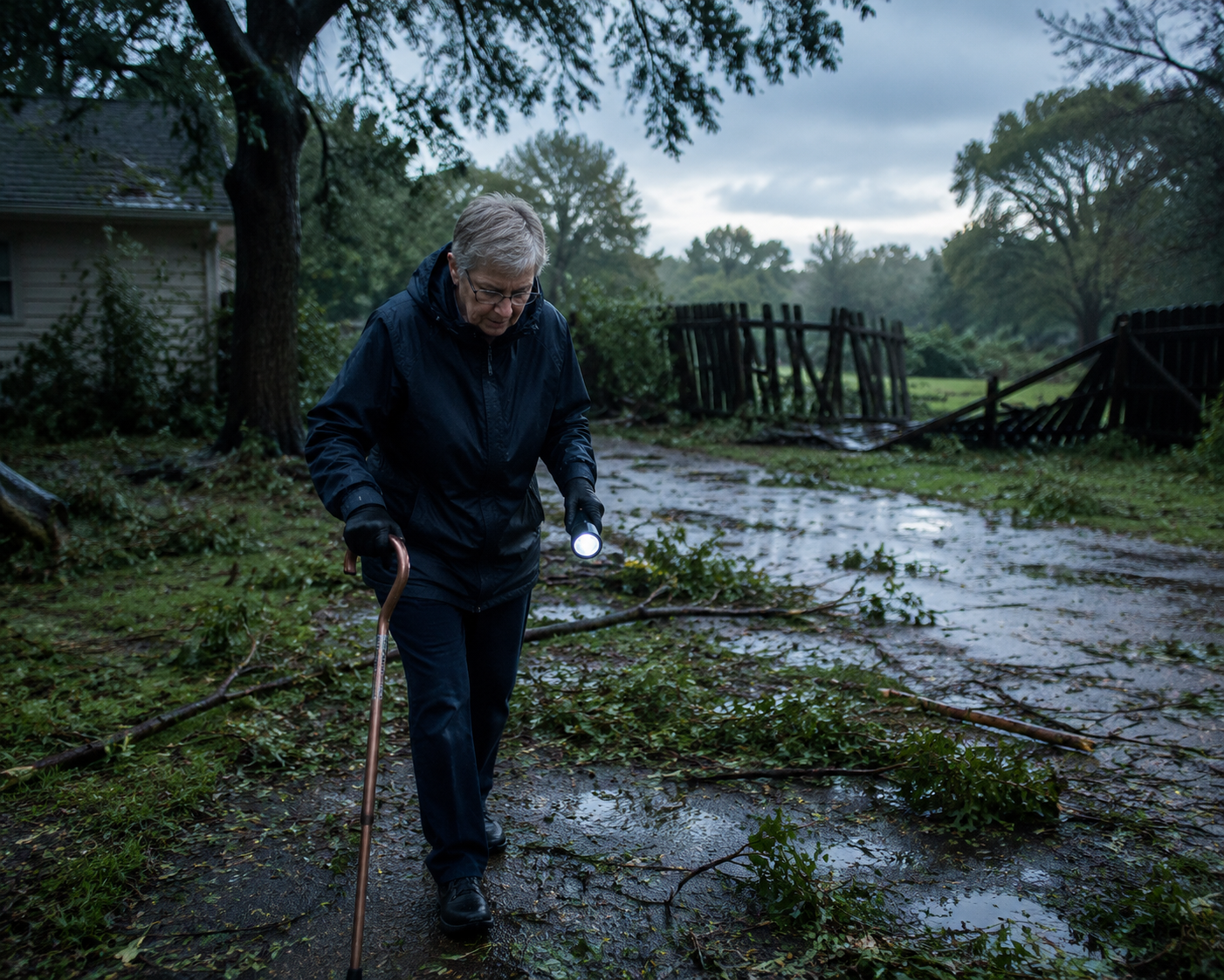 Older adult using a cane and flashlight while walking carefully across wet debris after a storm