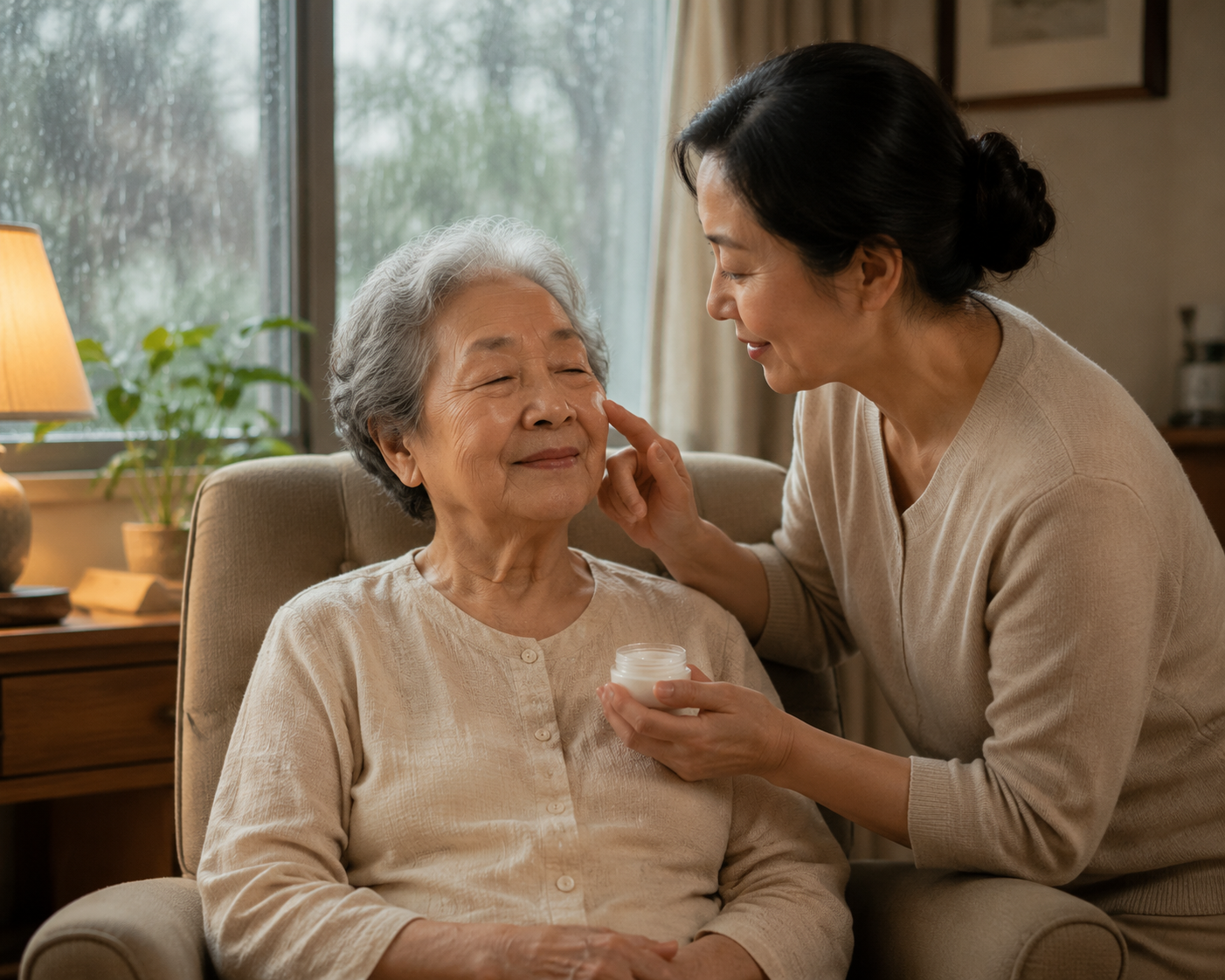 A caregiver gently assists an older parent at home on a rainy day