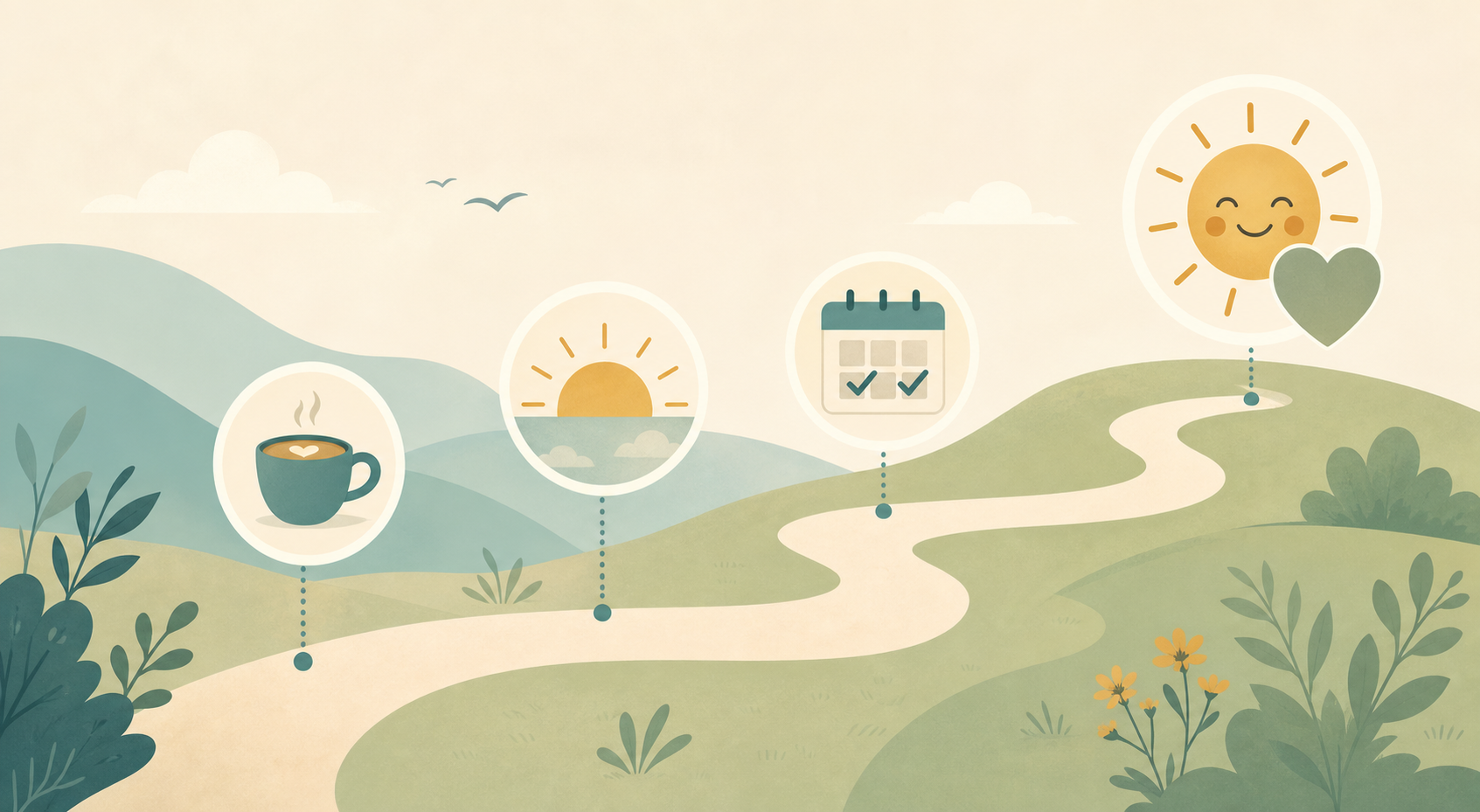 A winding path illustration with four waypoints: a coffee cup for a trial visit, a half-sun for a short half-day, a calendar with two checkmarks for two days per week, and a smiling sun with a heart for full adjustment.