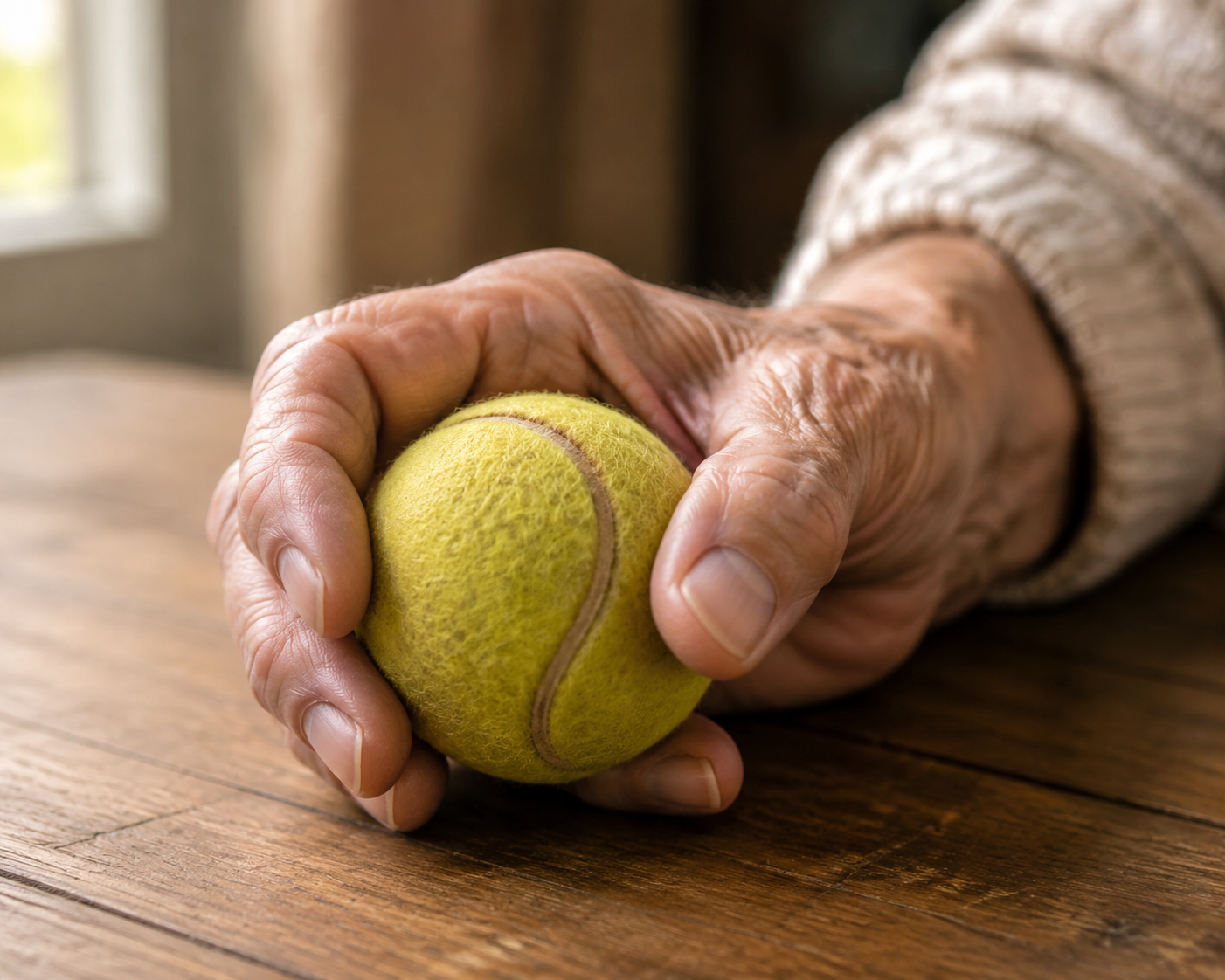Elderly hand gently cupping a yellow tennis ball on a wooden table with a relaxed grip