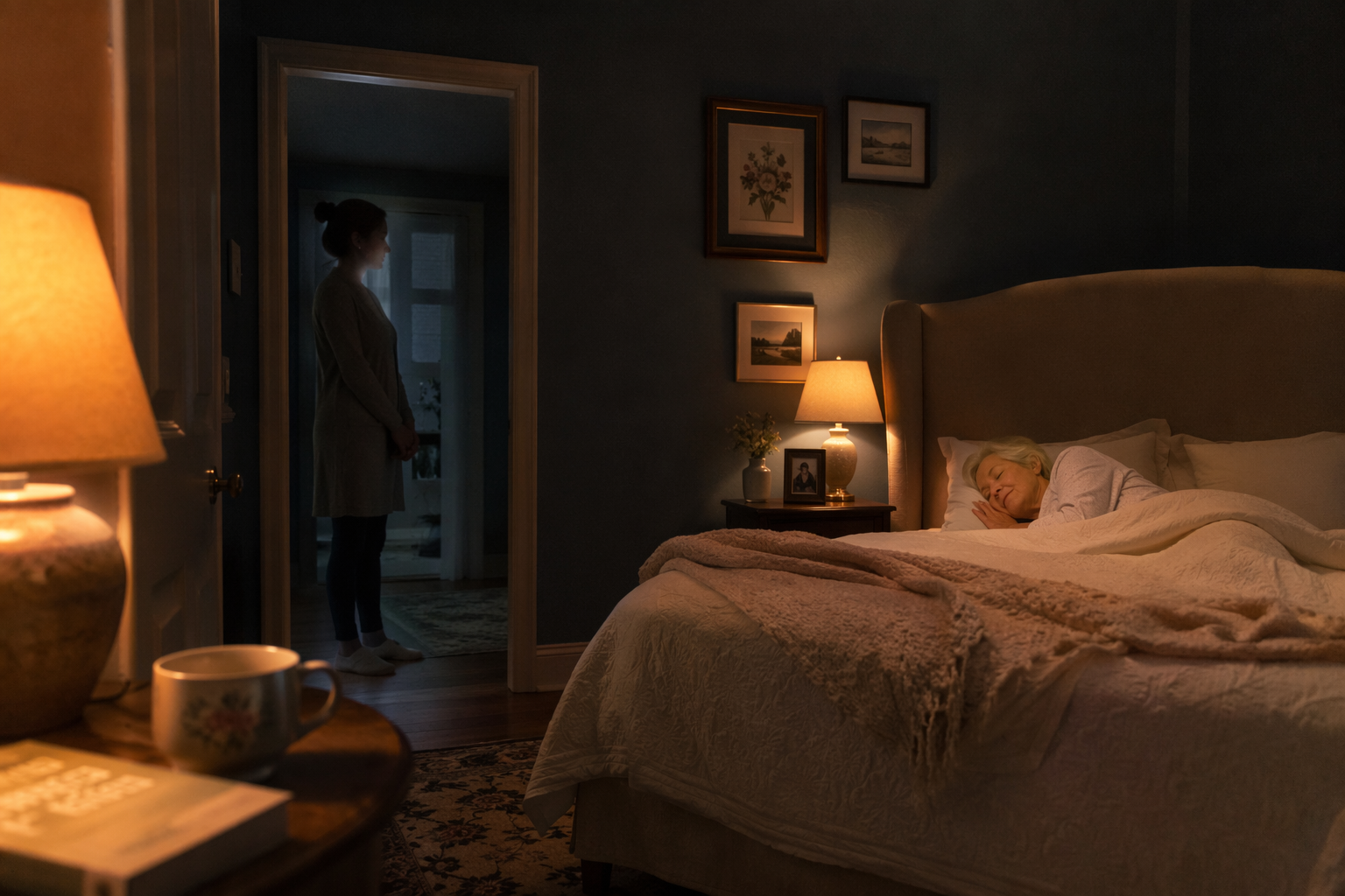 A dimly lit bedroom at night with an older adult sleeping peacefully in bed. Near the doorway, a soft amber lamp glows on a small table beside an armchair with a book and a mug of tea, suggesting a caregiver's quiet presence.