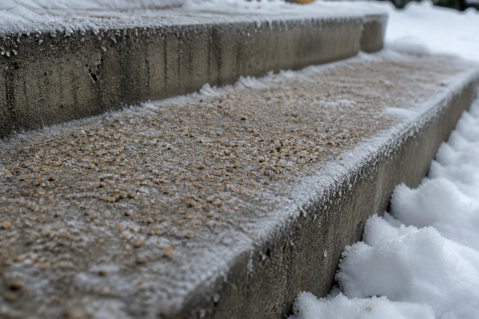 Sand and ice-melt granules spread across a frosty concrete step
