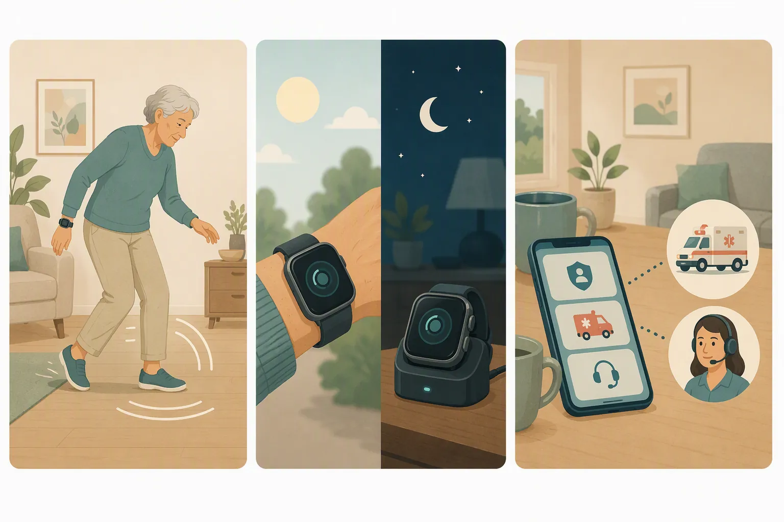 Illustration showing fall type, charging coverage, and emergency response as three decision criteria for a fall-detection watch