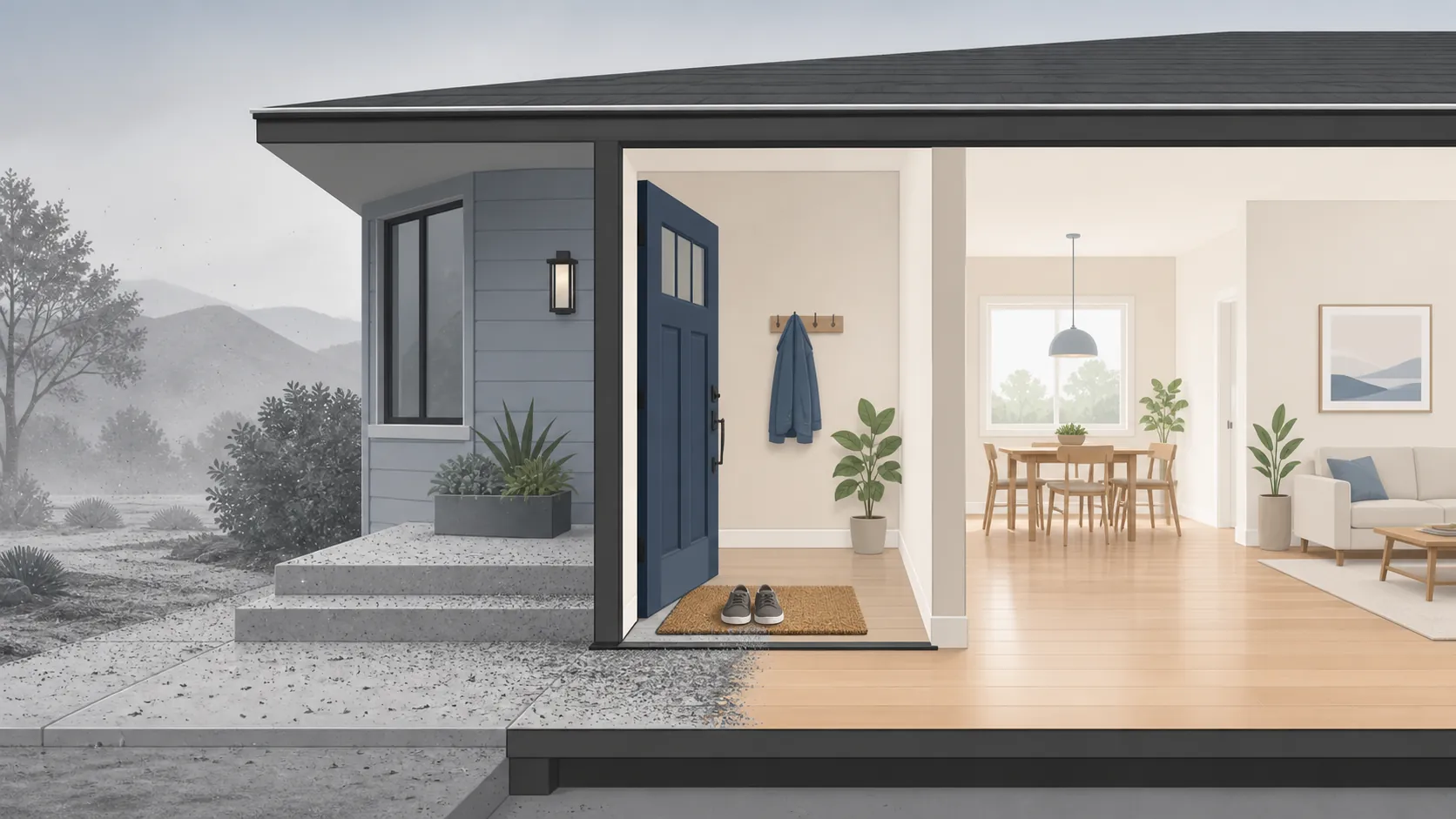 Cutaway illustration showing ash on an outdoor walkway, shoes stopped at the entry, and clean indoor floors