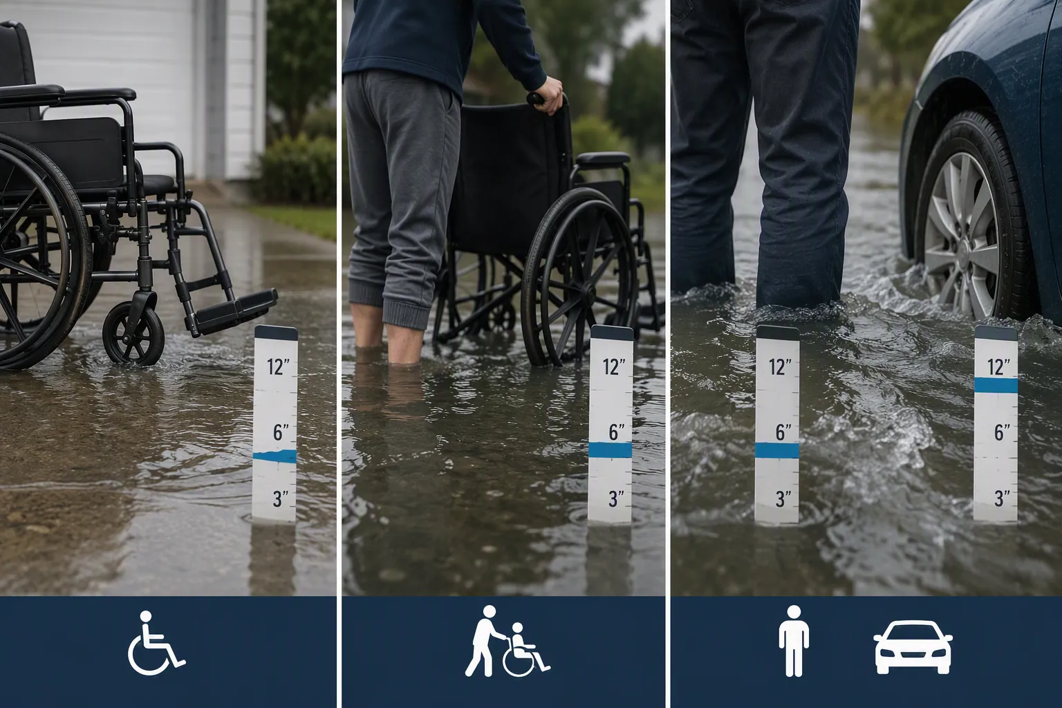 Comparison of flood depth limits for a wheelchair, a caregiver pushing a wheelchair, a standing adult, and a vehicle